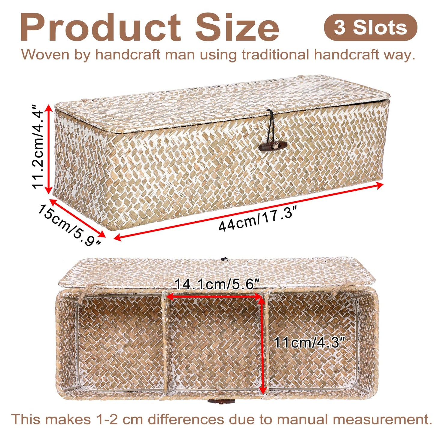 Hipiwe Storage Basket with Lid 3 Sections Handwoven Seagrass Basket Rectangular Closet Organizer Bin Multipurpose Storage Box for Bathroom Shelf Kitchen, Whitewash