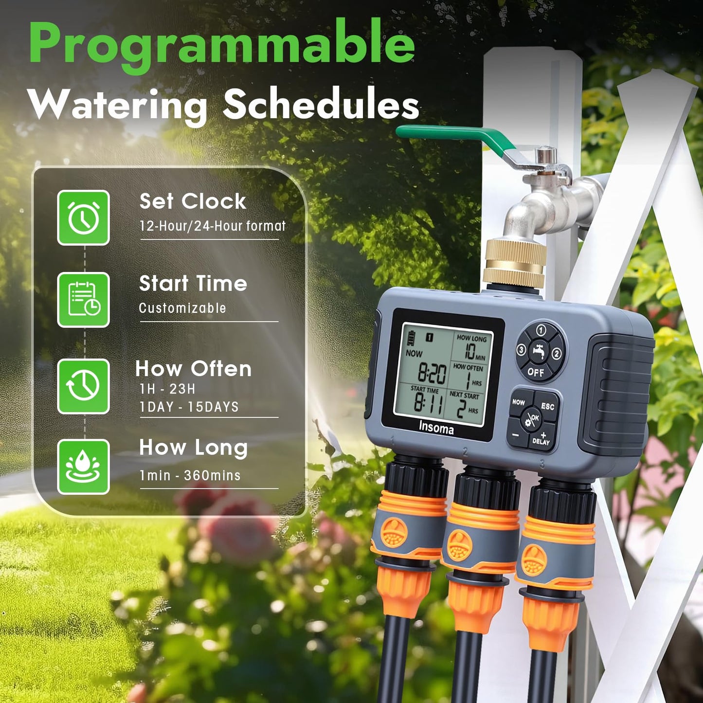 Insoma Water Timer with Brass Inlet, 3 Independent Zones Outdoor Hose Timer for Garden Faucet with Auto/Manual/Rain Delay Mode, IPX5 Waterproof, Sprinkler Irrigation Controller for Yard Lawn