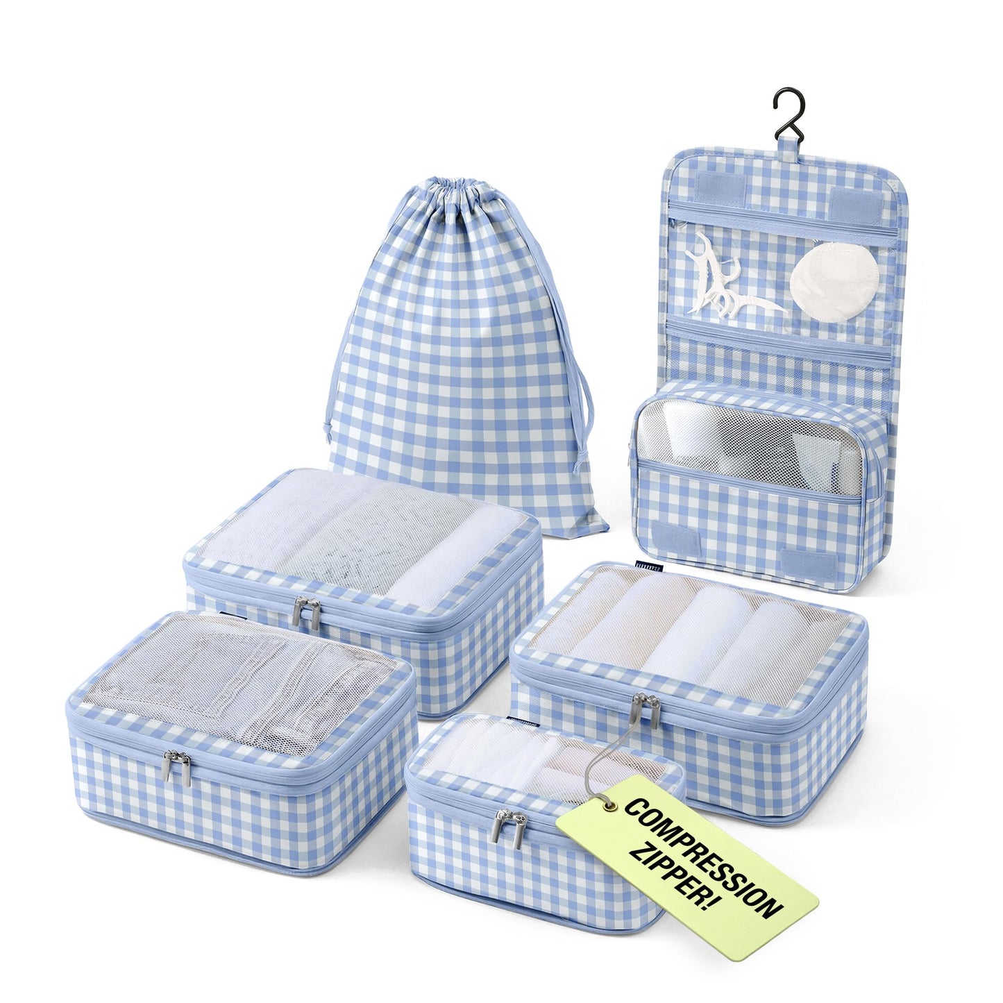Vandel Space-Saving Compression Packing Cubes for Women with Hanging Toiletry Bag, Laundry Bag, Compressible Carry On Suit Case Organizer Luggage Packing Cubes for Travel Compression Organizer Bags