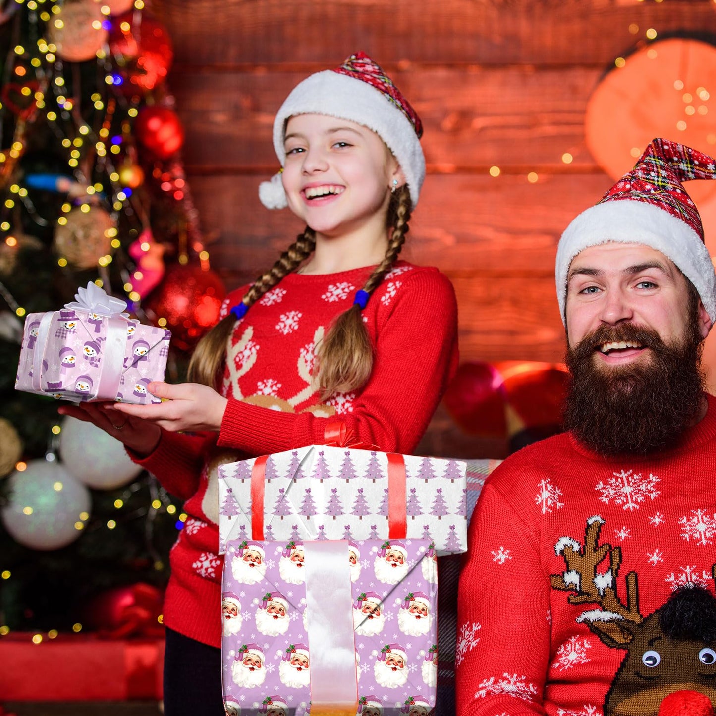 Whaline 12 Sheets Christmas Wrapping Paper - Not Roll - Purple Santa Tree Snowman Snowflake Gift Wrap Paper Folded Flat for DIY Crafts Xmas Winter Holiday Party, 19.7 x 27.6 Inch