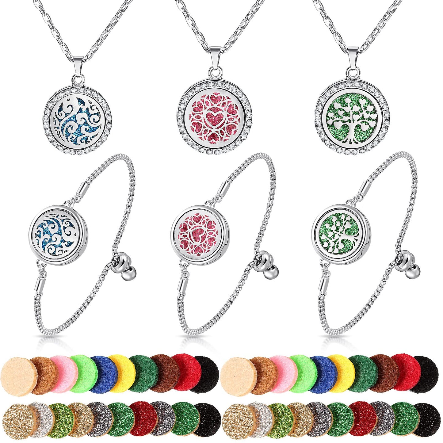 MTLEE 6 Pcs Essential Oil Diffuser Necklace Bracelet Set for Women Stainless Steel Locket Pendant Adjustable Bracelet with 40 Pcs Refill Pads Christmas Holiday Xmas Gift(Cute Style)