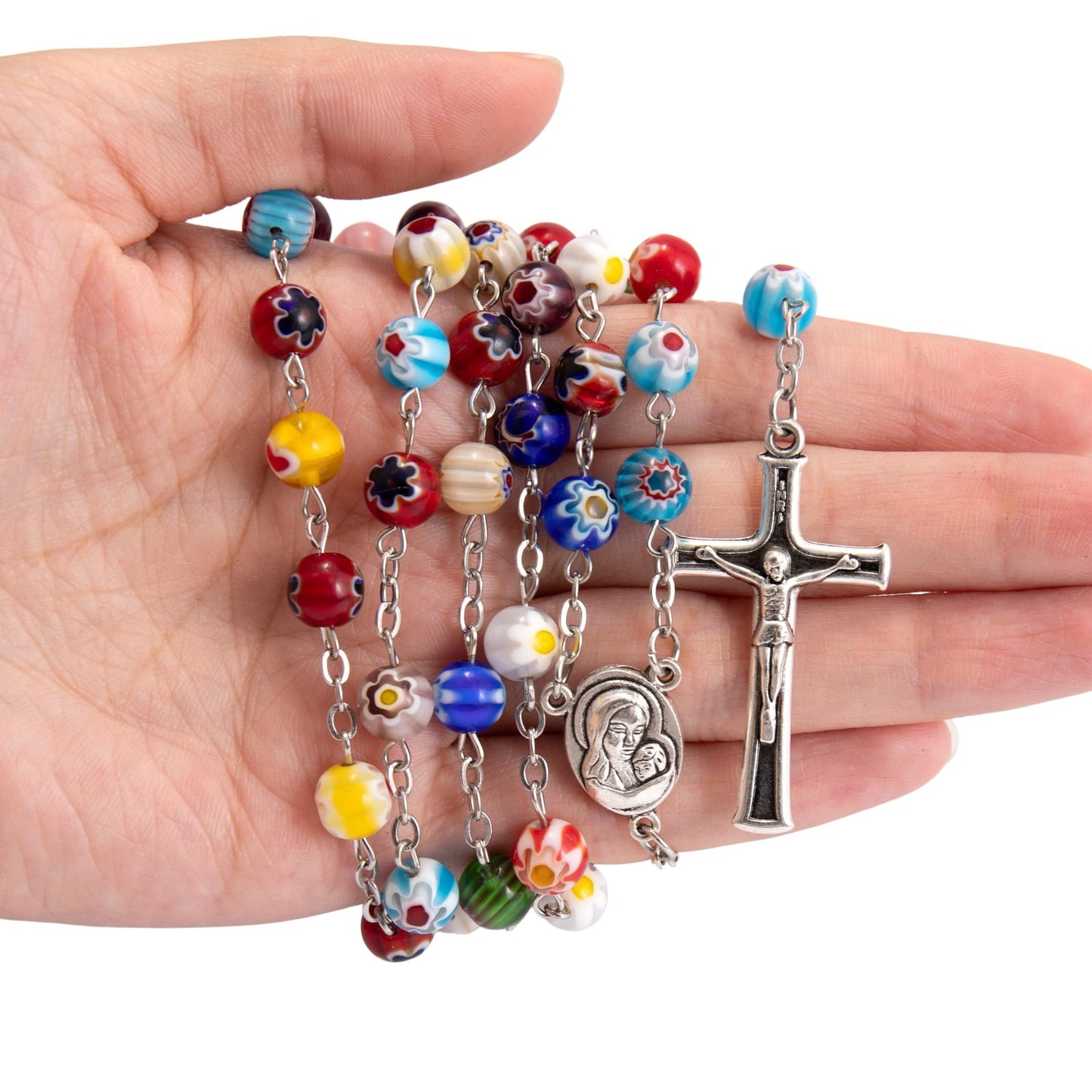 Nazareth Store Murano Glass Rosary Necklace Handmade Multicolor Millefiori Beads Rosario Holy Soil Medal and Cross Crucifix