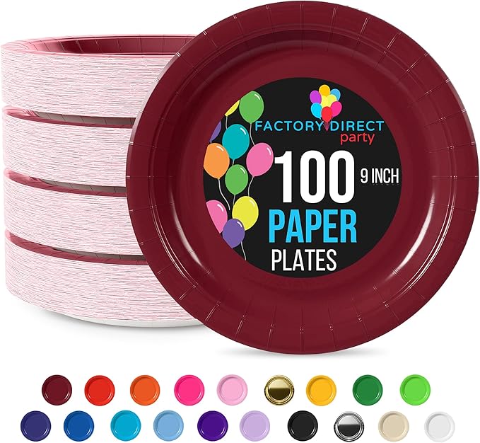 Exquisite Burgundy Paper Plates Disposable Heavy Duty 9 Inch Burgundy Disposable Plates For Party 100 Pcs Heavy Duty Paper Plate 350 GSM, Birthday Party Supplies Plate Set
