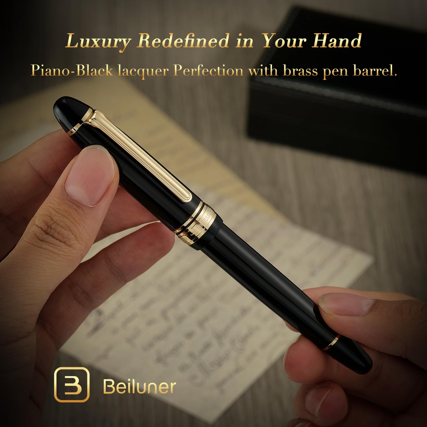 BEILUNER 319 Piano Black Lacquer Rollerball - Stunning Luxury Pen with 24K Gold, Heavy, Schneider Black Ink Refill, Best Gift Set for Men & Women, Professional, Executive Office, Fancy Classic Pens