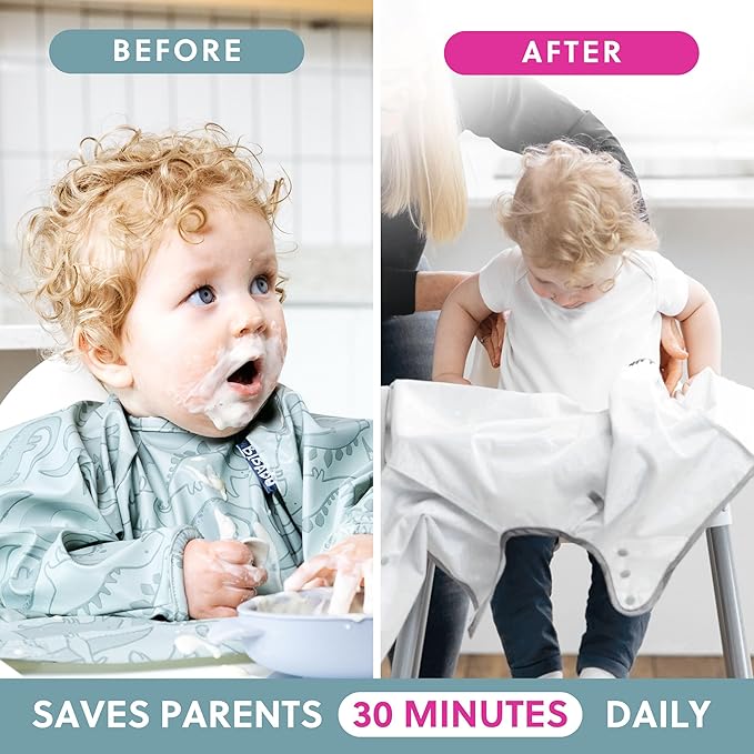 BIBaDO - Long Sleeve Baby Bibs - Babies & Toddlers 6-36 Months - Coverall Baby Led Weaning Bib - Easy Wipe, Soft & Waterproof