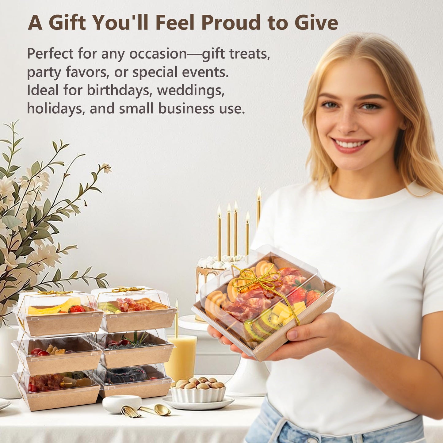 Gift-Ready Charcuterie Boxes with Clear Lids, Cake Slice Container, Bakery packaging, Food Gift Containers, Small Treat, 5"Dessert Boxes with Ready to use Ribbon and Bamboo Skewers-50 Count-BROWN