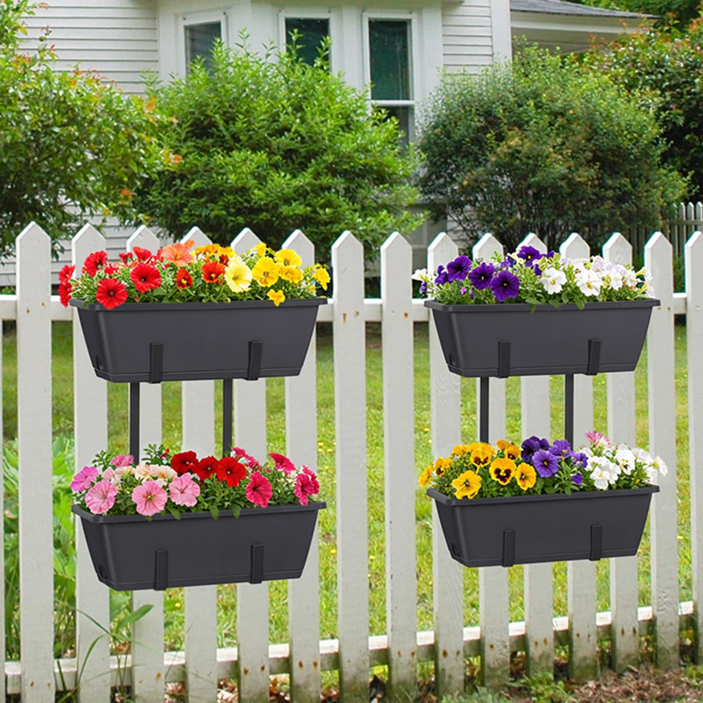 Railing Planter Box 2 Pack Rectangular Window Boxes Planters with Double Adjustable Brackets, Balcony Deck Railing Hanging Planters Herb Flower Pots for Indoor Outdoor Plants Garden Fence Rail