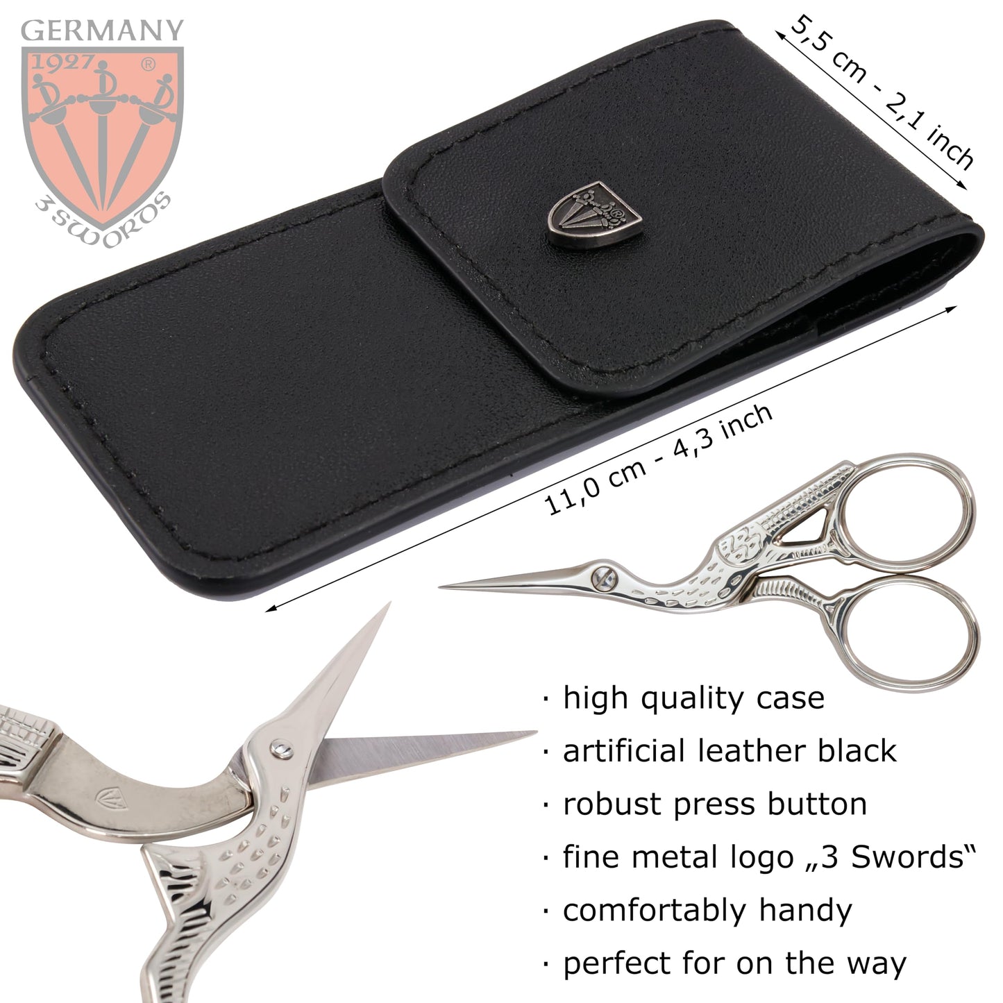 3 Swords Germany - Embroidery Scissors, Stork Scissors Shears for Art Work, Daily Use in Household, Sewing, crocheting, Art Work, Craft, needle work with black Synthetic Leather case
