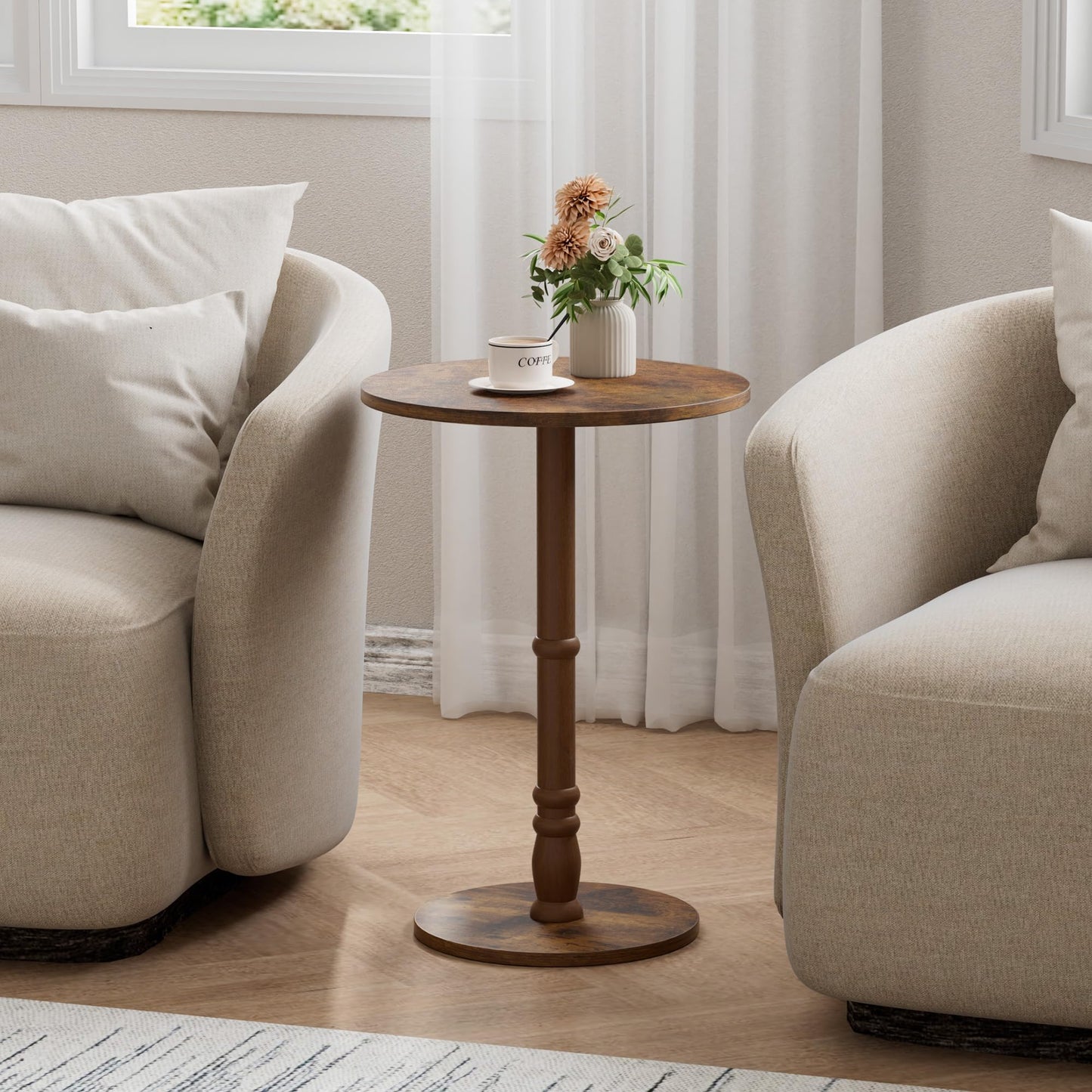 Homleke 16" Round Side Tables, Solid Wood Pillar with Wood Top & Base, Small Drink Accent Table for Living Room, Bedroom, Sofa & Office, Easy Assembly, Rustic Brown