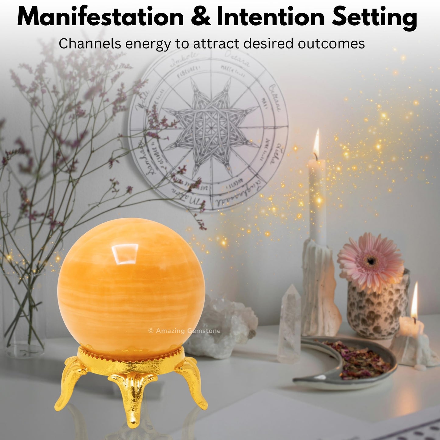 Amazing Gemstone Yellow Calcite Banded Crystal Ball with Stand - 2 Inches Crystal Sphere Meditation Balls for Witchcraft and Decorative Balls