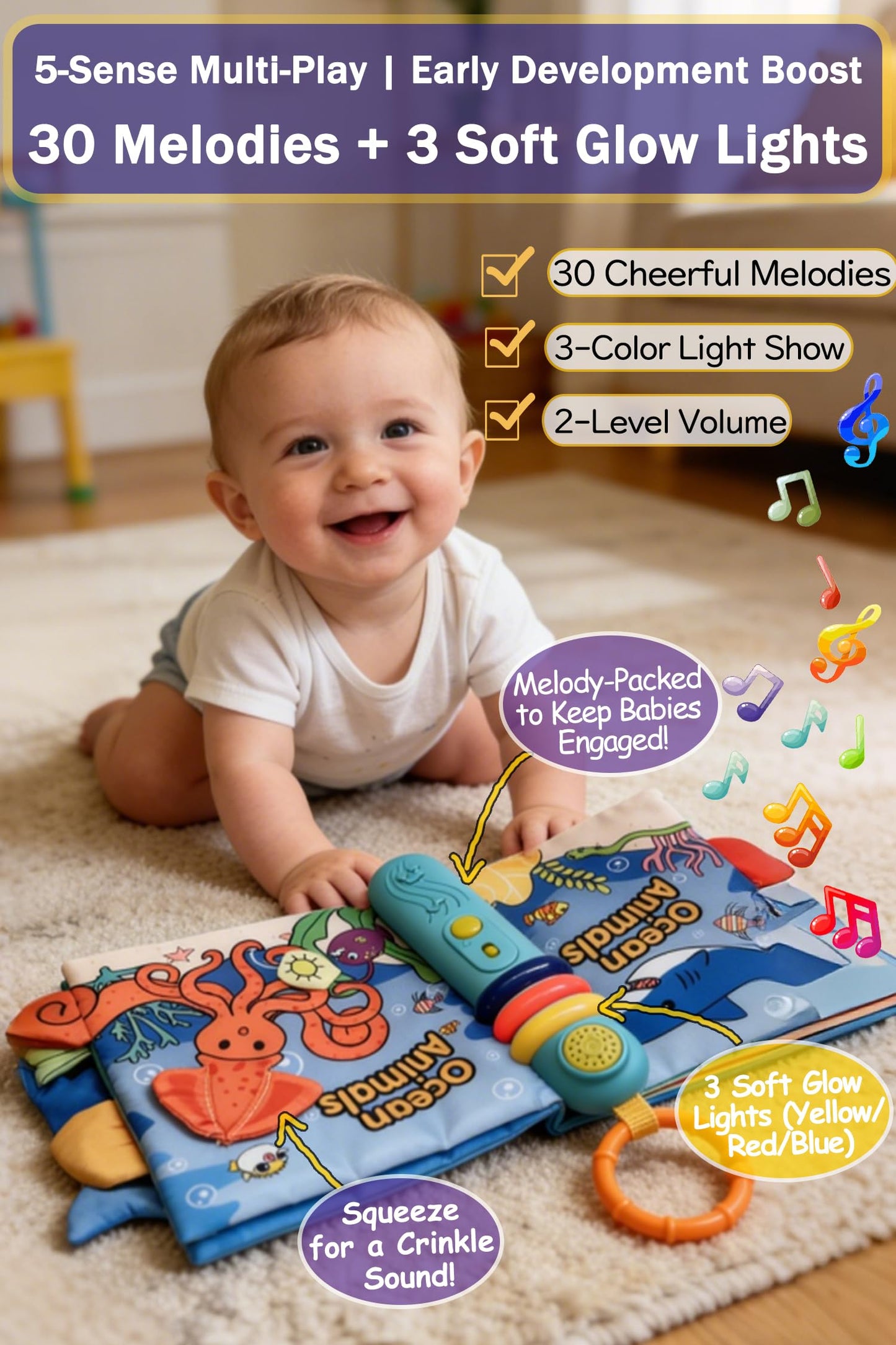 GauJat Cloth Books for Babies 0-6-12 Months, Interactive Soft Sensory Toy with Lights, Sounds & Music, Bite-Proof Educational for Newborns, Infants & Toddlers 0-3 Years (Ocean Animals)