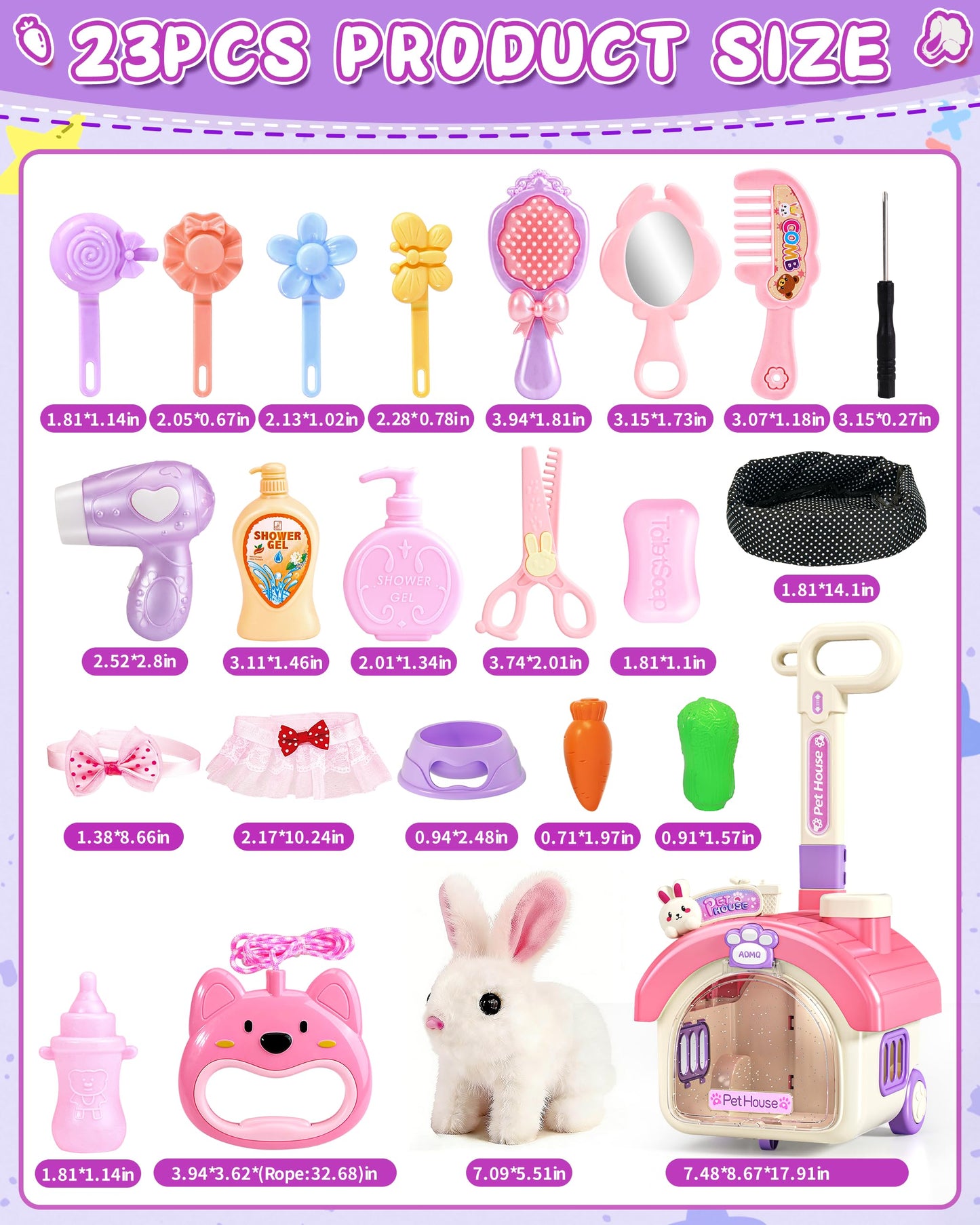 23Pcs Hopping Bunny Toy Set for Kids, Interactive Electric Walking Rabbit with Rolling Carrier House, Pretend Play Pet Care Grooming & Feeding Kit, Stuffed Animal Gift for Toddlers 3-5