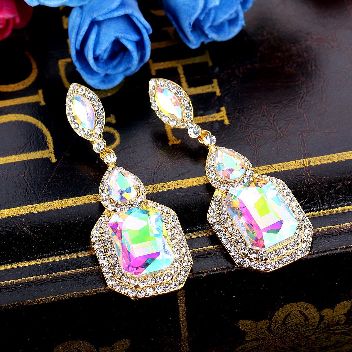 BriLove Women's Wedding Bridal Dangle Earrings Emerald Cut Crystal Infinity Figure 8 Chandelier Jewelry Iridescent AB w/Clear Gold-Toned