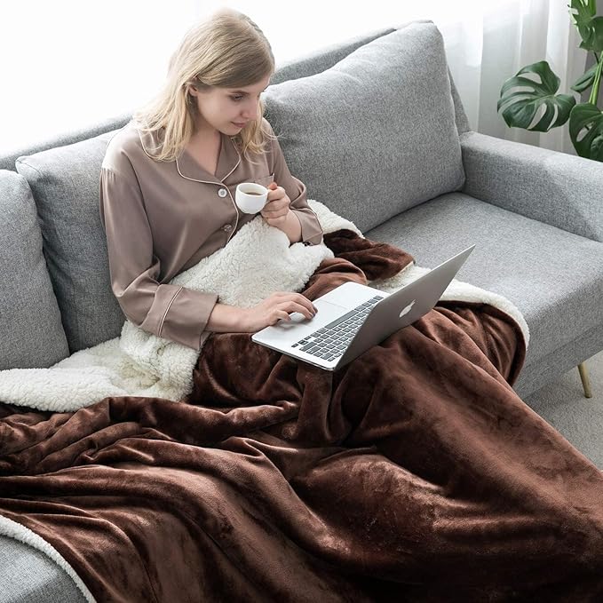 IR Imperial Rooms Coffee Sherpa Fleece Throw Blanket Twin Size for Bed - Wholesale Bulk Pack of 12 Sherpa Blankets - Soft Fluffy Throw Blankets for Hotels, Guest Bedroom, 60x80 Inches