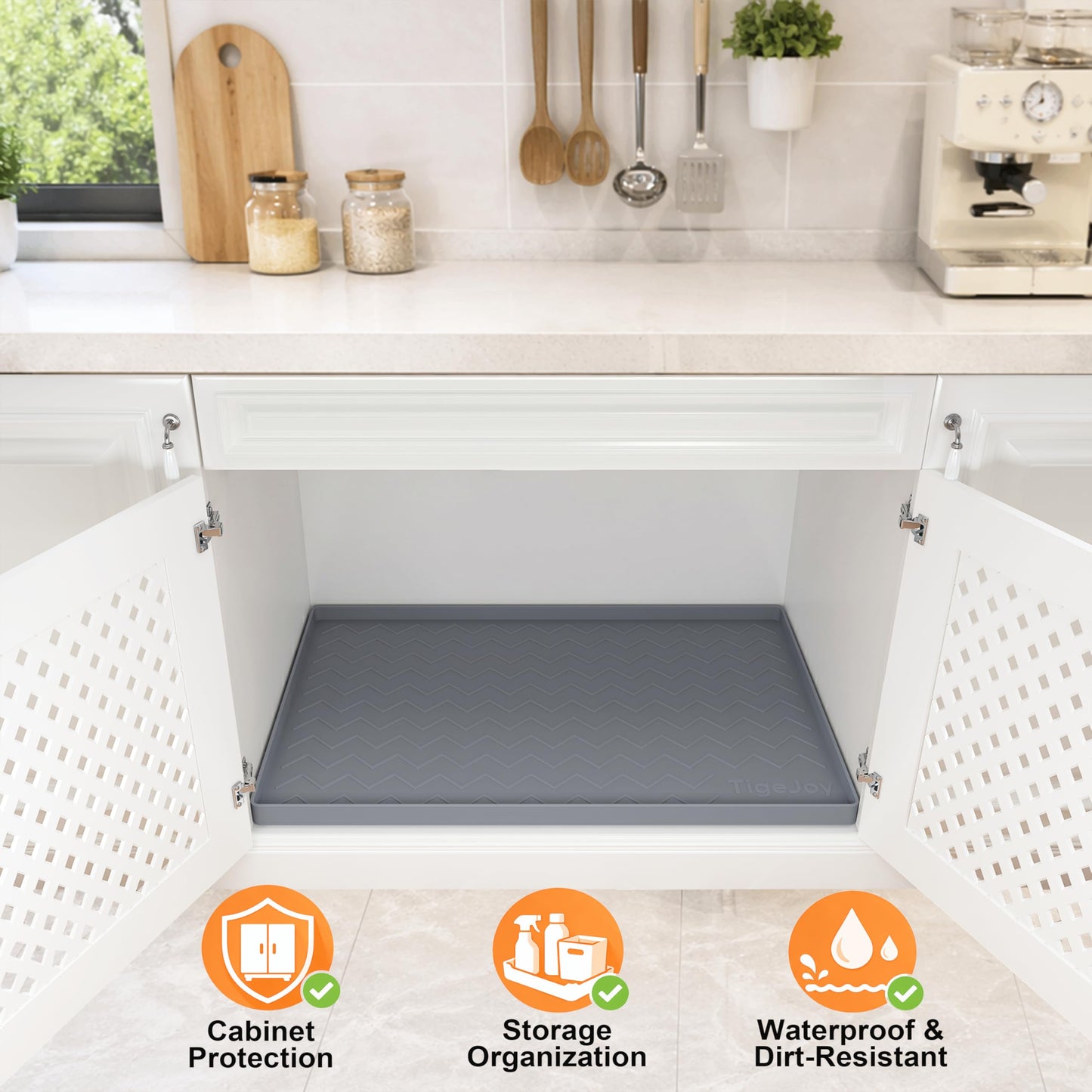 TigeJoy 34" x 22" Under Sink Mats for Kitchen Waterproof, Leak-Proof Silicone Mat Sink Protector and Cabinet Liner, Kitchen Essentials Organizer and Storage, Boot or Shoe Tray, Pet Feeding Mat