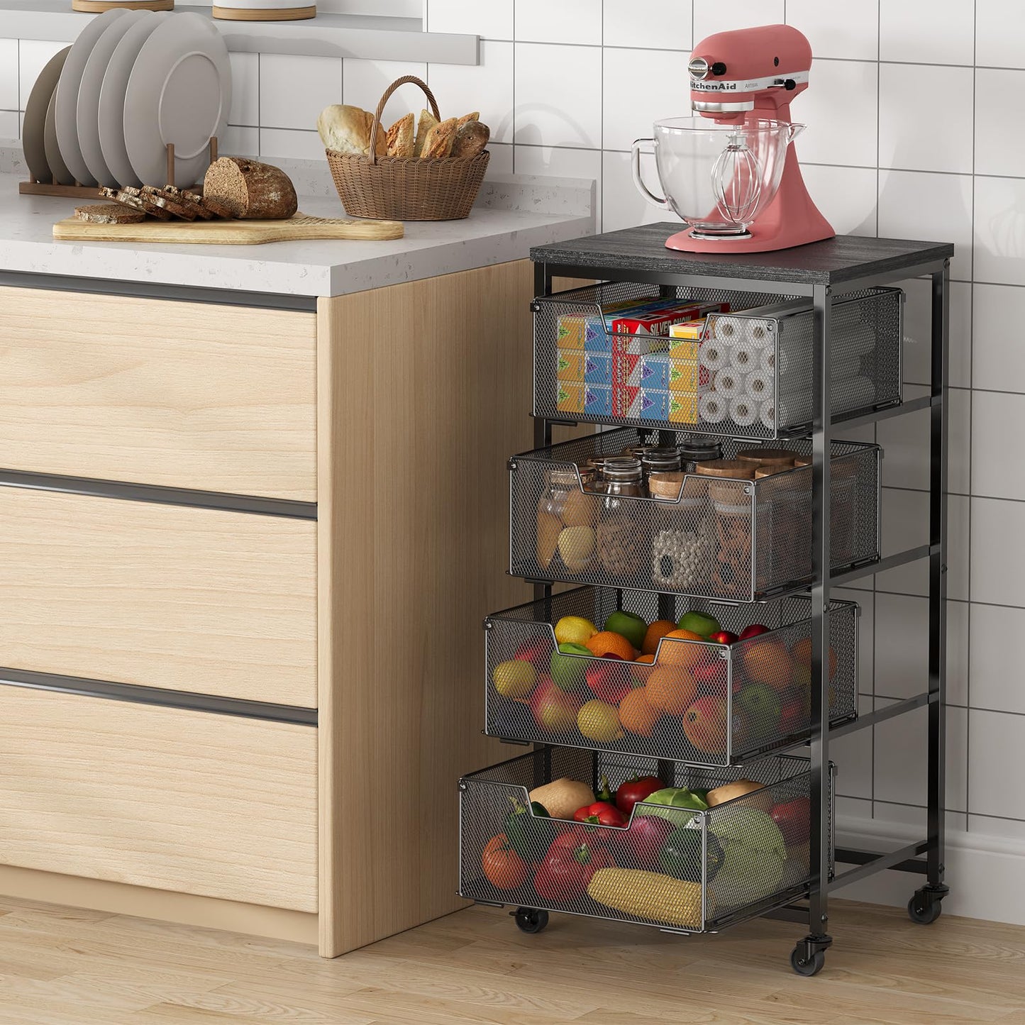 4-Tier Fruit Vegetable Storage Cart - Kitchen Organizer and Storage Cart with Wheels, Wooden Top Metal Wire Fruit Vegetable Rack Stand with Drawers to Storage Cans Snacks for Kitchen(Patent Pending)