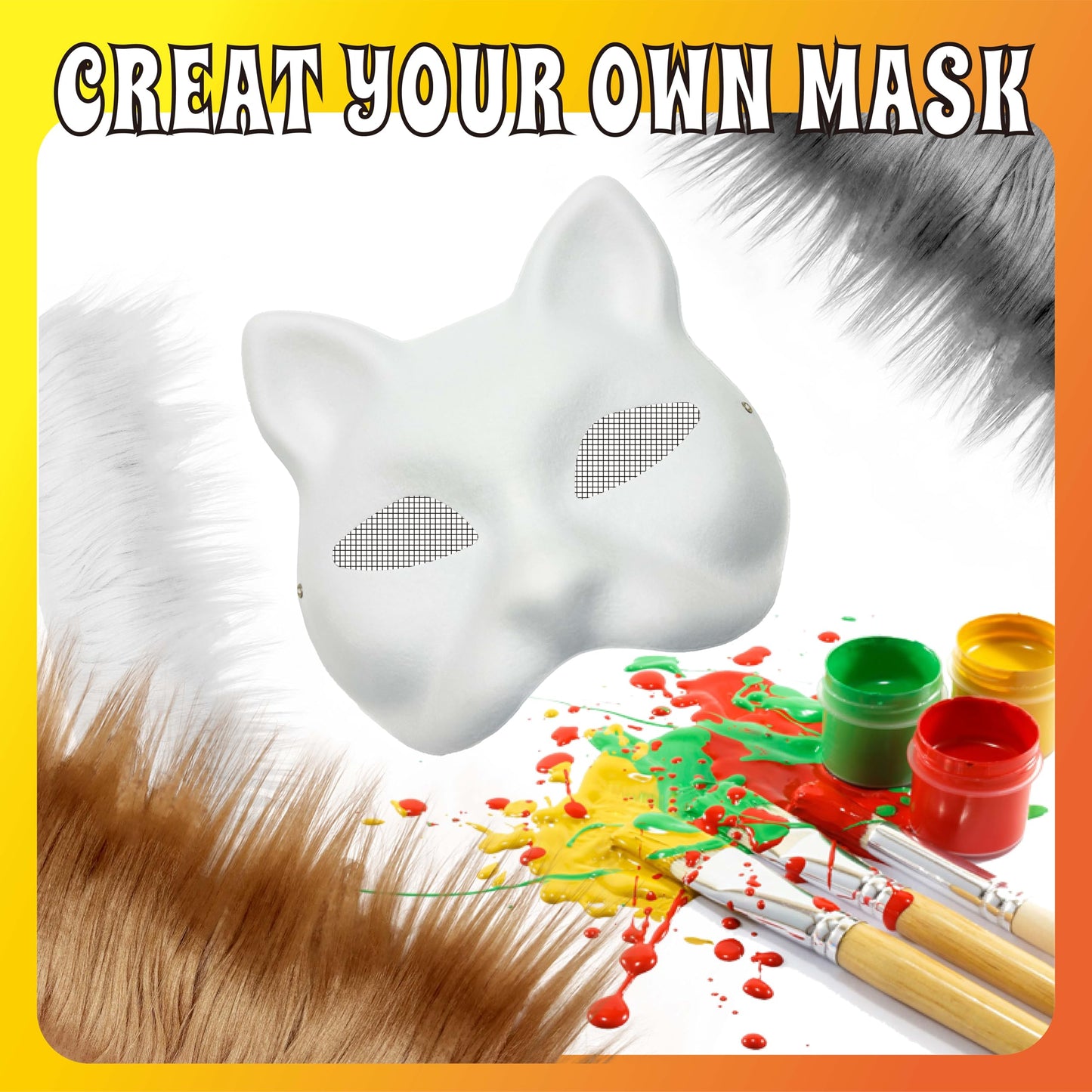 DIY Cat Mask Accessory with Fur & Eyes Mesh and Fuzzy Fabric,DIY Cat mask All-in-One to Paint, Blank White Mask for Halloween Masquerade Cosplay Party