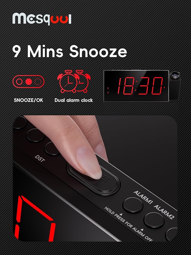 Mesqool Digital Projection Alarm Clock with Dual Alarms, 5 Levels Dimmer | 180° Rotatable Projector,12/24H & DST, Large LED, Snooze, with Battery Backup, Loud Alarm Perfect for Heavy Sleepers