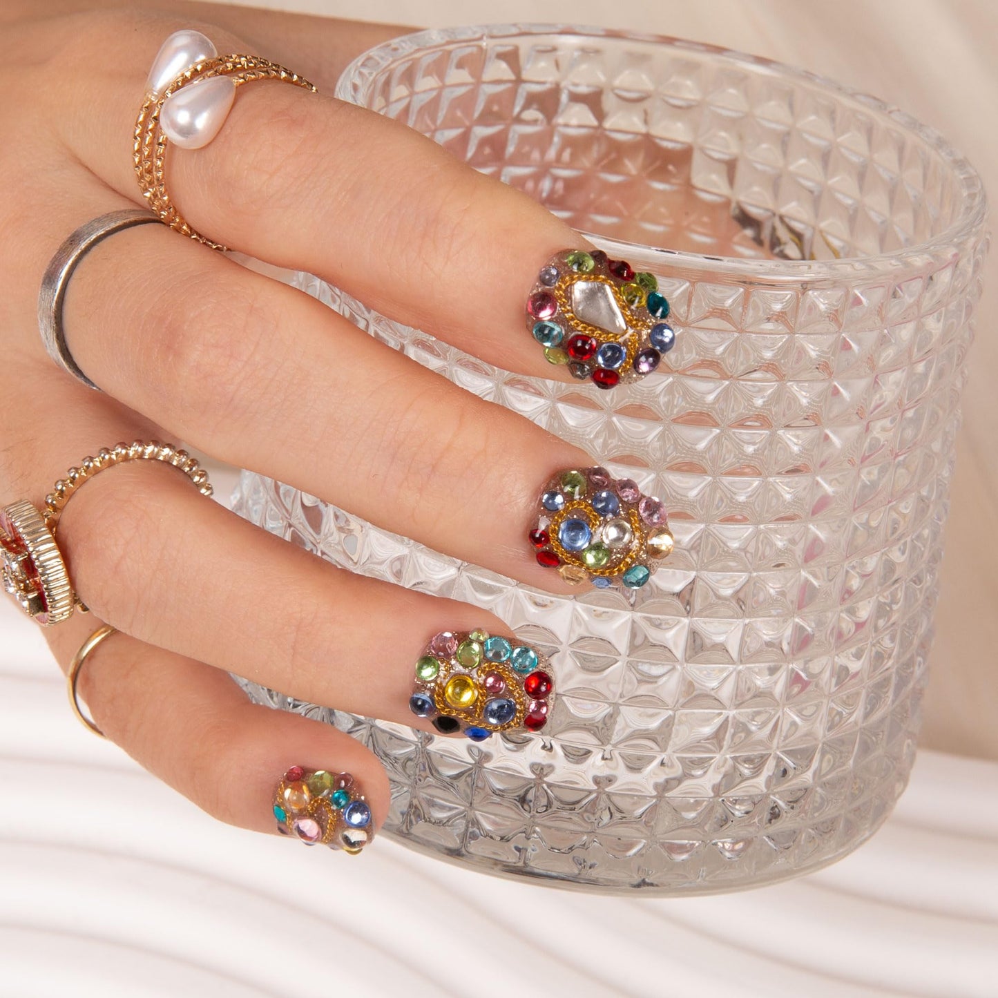 LOVFUL Press on Nails Rainbow Luxe | Handmade with Full Covered Crystals | Reusable Full Cover Nails | Square Short 0.8 in | K21(YH482)-L