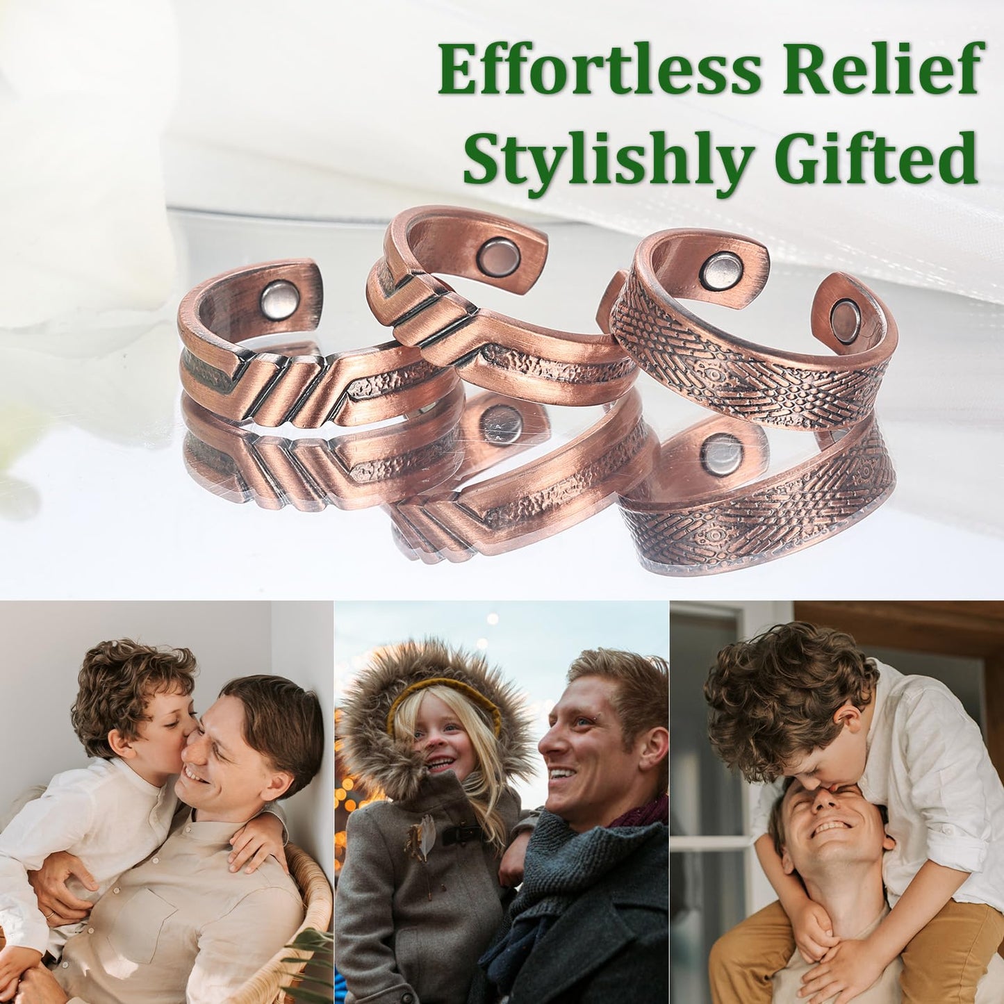 Fashtour 3 Copper Rings for Men, 99.9% Pure Copper Magnetic Rings, Vintage Pattern Adjustable Cuff Ring