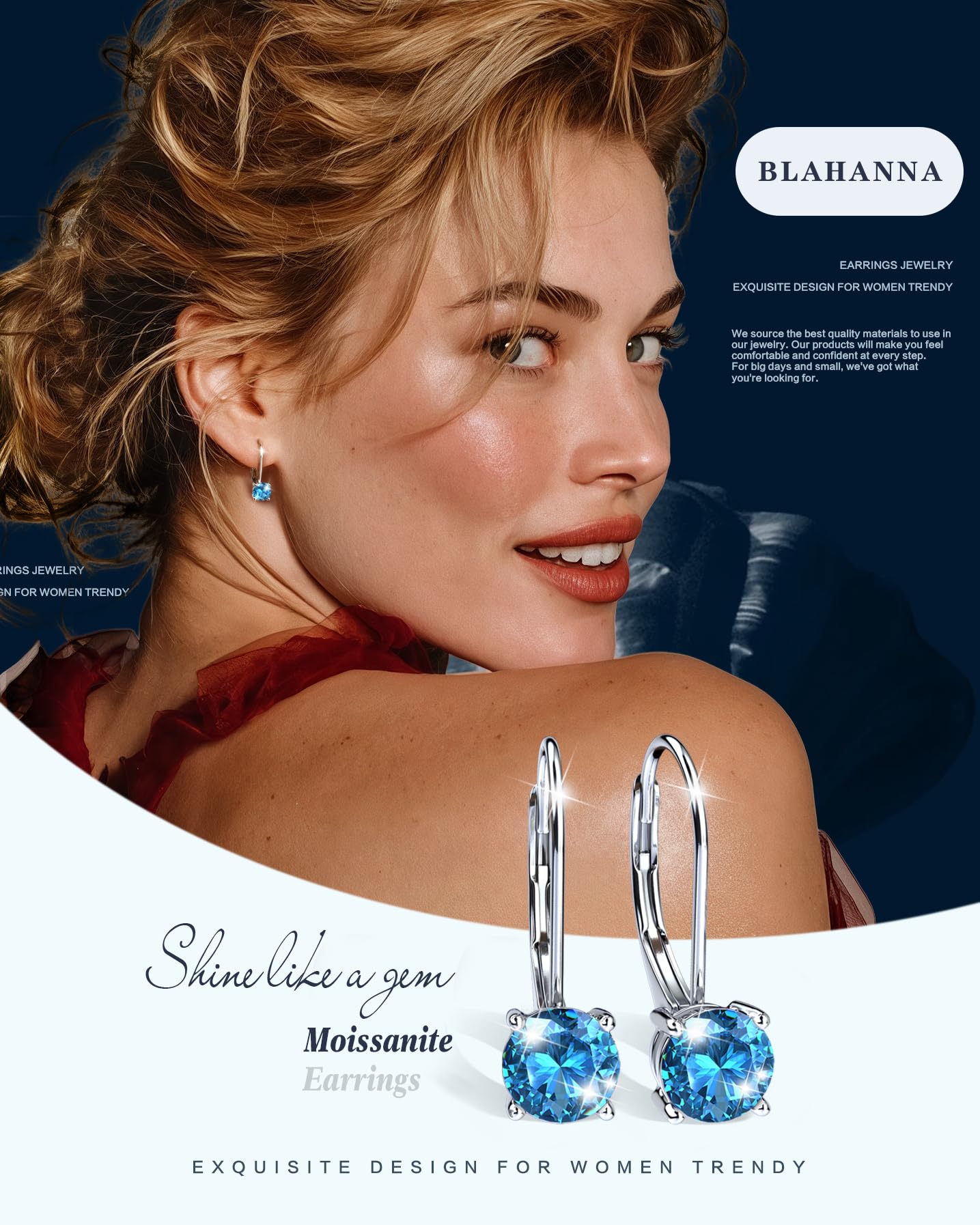 Blahanna Moissanite Earrings,1.0ct-2.0ct D Color Brilliant Round Cut Earrings S925 Sterling Silver Dangle Earrings Moissanite Leverback Drop Earring