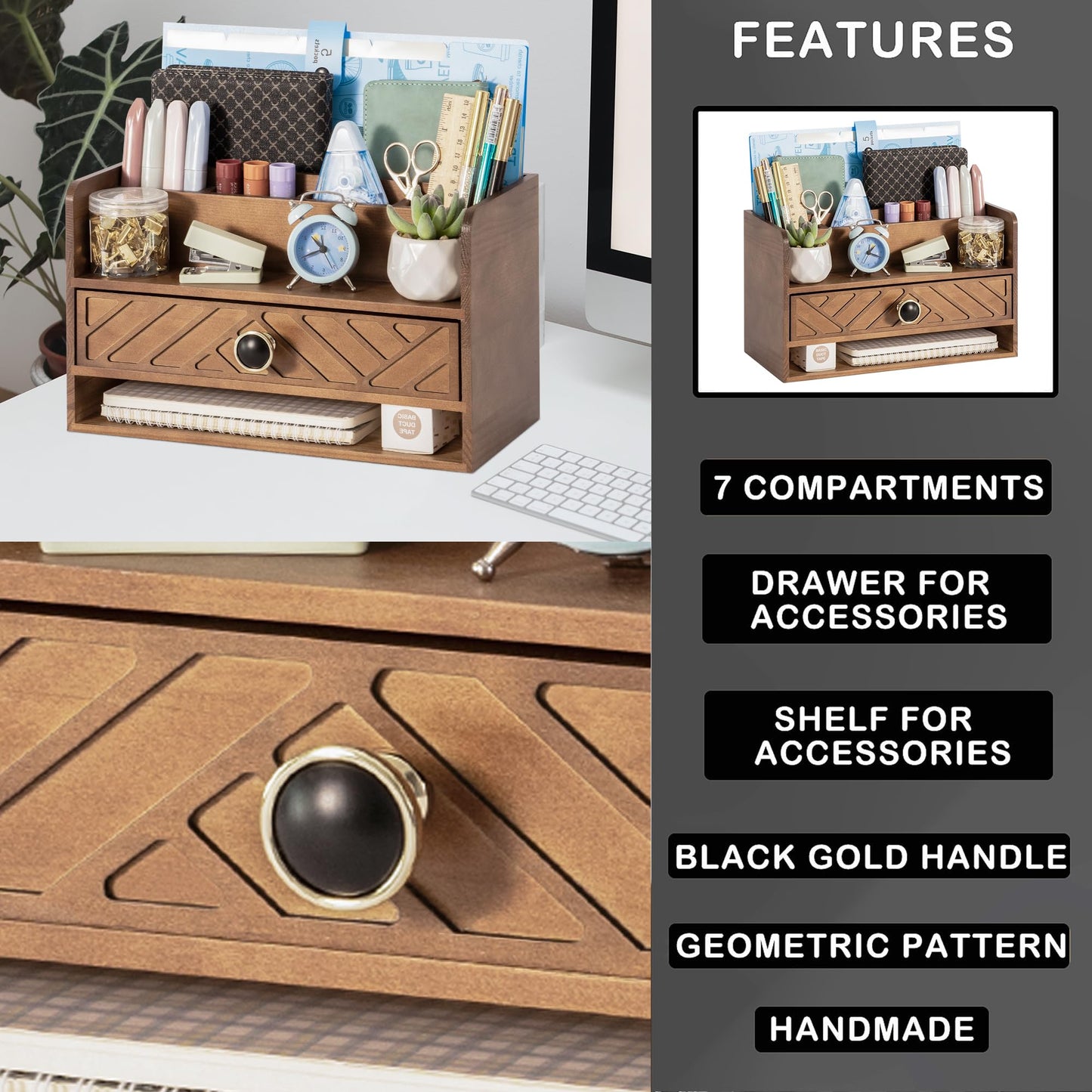 dreampossible Brown Wood Desk Organizer and Accessories with Drawer, Bill Mail Organizer and File Mail Holder for Office Supplies, Desk Accessories & Workspace Organizers