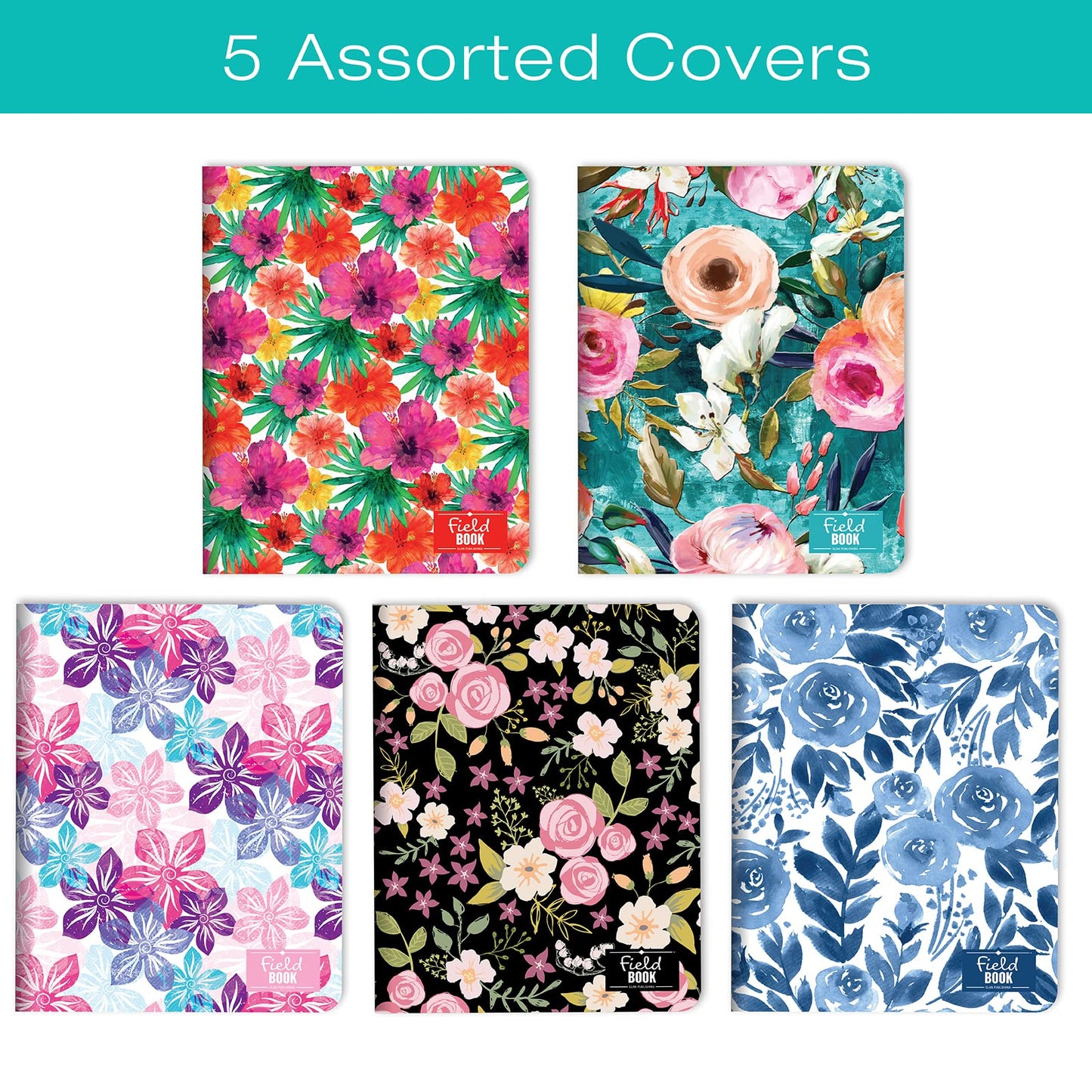 Elan Publishing Company Field Notebook/Journal - 8"x10" - Floral Coveres - Lined - Pack of 5