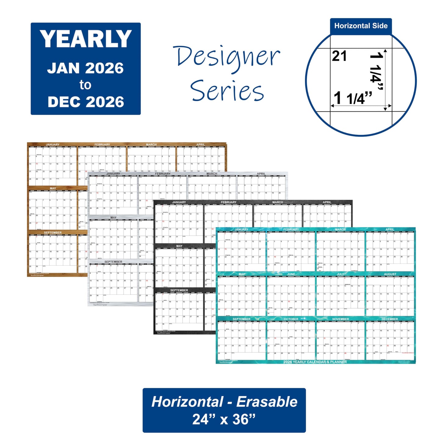 SwiftGlimpse 2026 Wall Calendar, 24" x 36" Designer Series, Large, Erasable, Yearly Wall Planner (Cool Water)