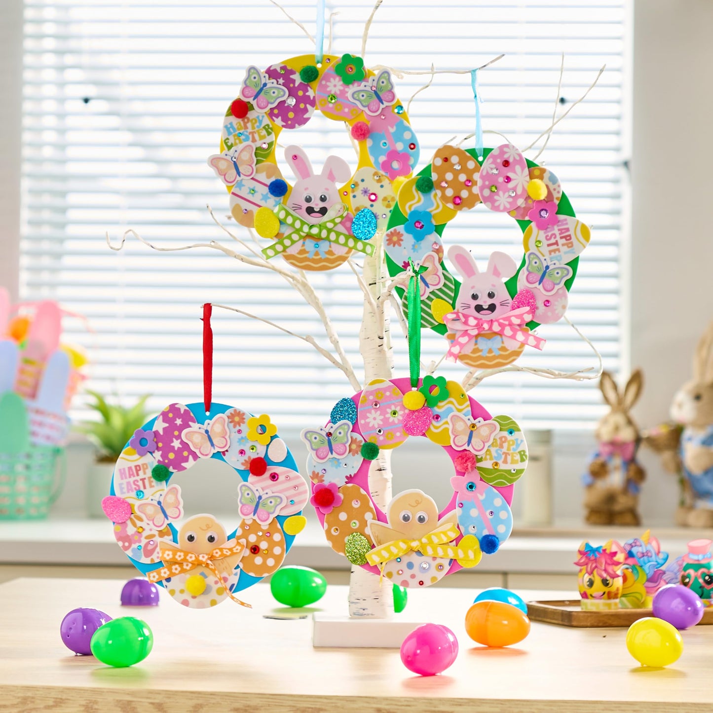 JOYIN 12 Sets Easter Wreath Signs Decorations, DIY Foam Craft Kit with Bunny, Chick & Egg Foam Stickers, Amusing Wiggle Eyes and Pom-Poms for Kids Easter Kids Activities, Party, Gift Decorations.