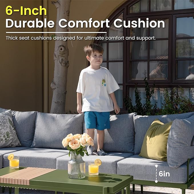 Sundale Outdoor 5 Pieces Patio Furniture Set with Fire Pit Table, Metal Outdoor Sectional Sofa with 6 Inch Olefin Cushion, All-Weather Modern Outdoor Conversation Sets for Backyard, Poolside