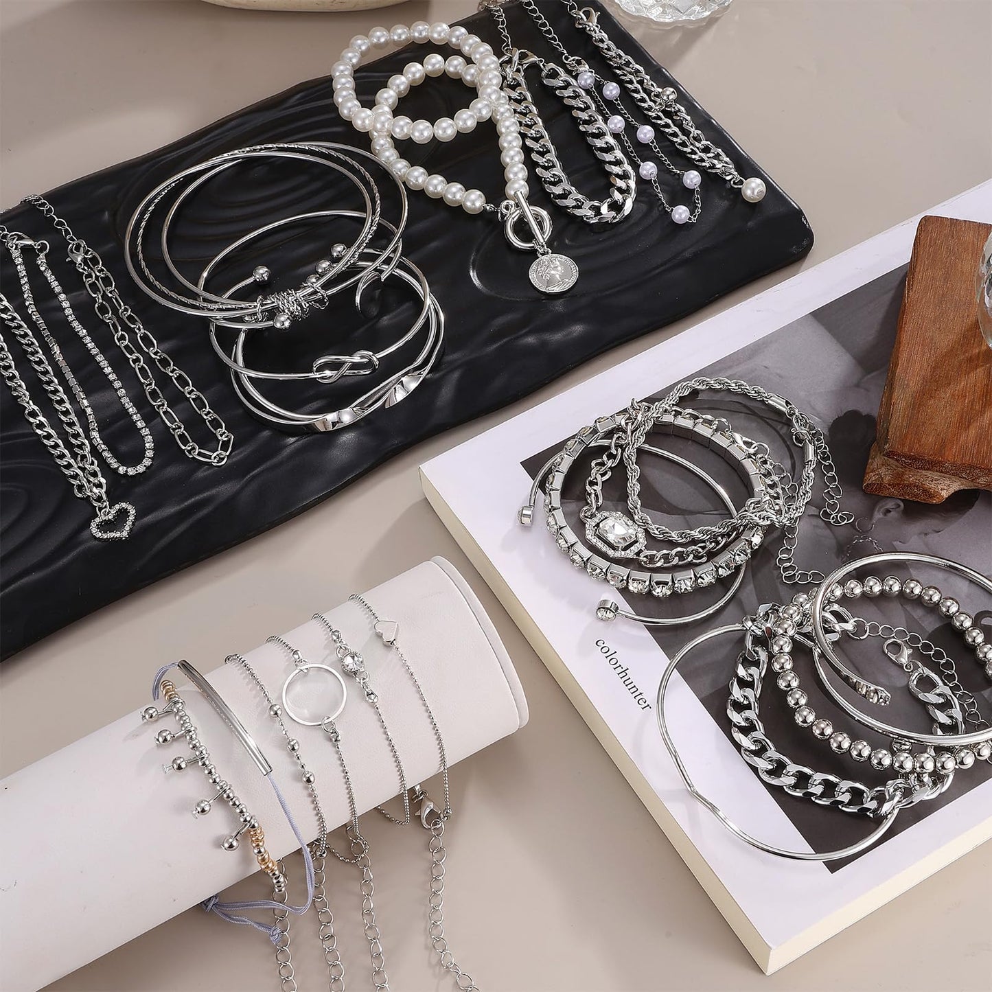 IFKM 6 PACK (27 PCS) Silver Chain Bracelets Set for Women, Silver Plated Multiple Layered Stackable Open Cuff Bangle Bracelet Anklet Adjustable Link Tennis Beads Italian Cuban Jewelry