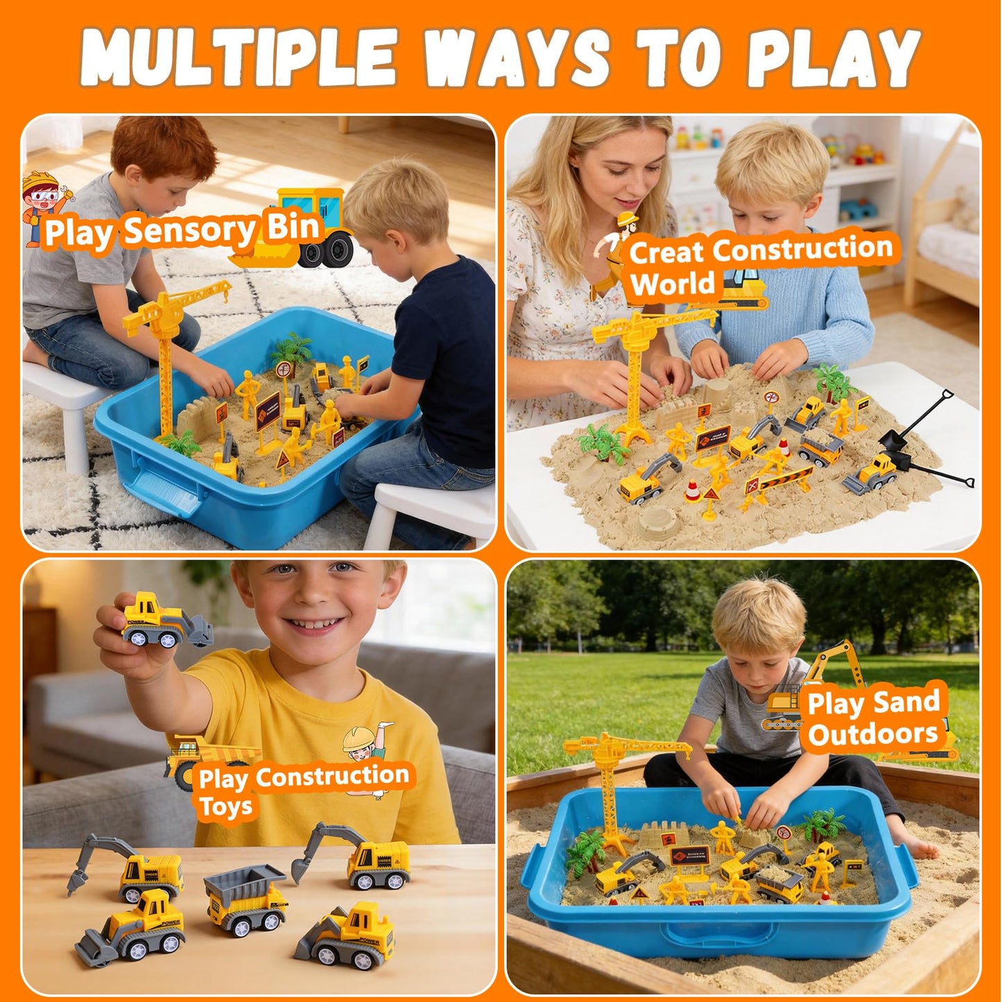 BlingCnsy Construction Sensory Bin with Lid, 2.2lbs Magic Sand & 5 Construction Trucks, Sensory Sand Kit Construction Toys for 3 4 5 6 7 8+ Year Old Boys Toddlers Christmas Birthday Gift