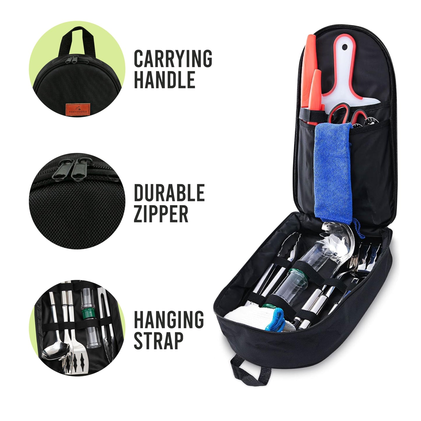 Fortitude21 Camping Gear, Cooking Set, 21pcs Accessories Cooking, Kitchen Camp & Organizer, Utensil Equipment, Tools Stuff Black