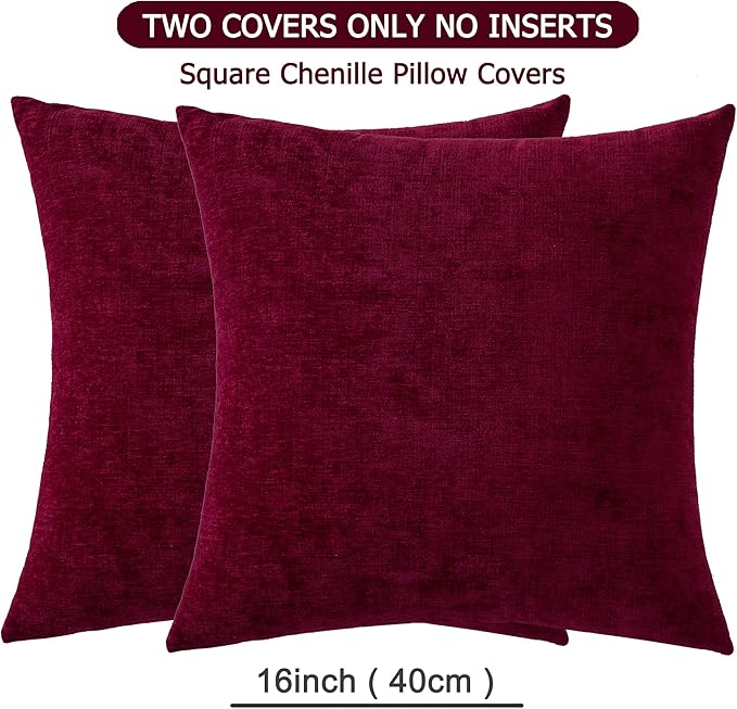 GAWAMAY Decorative Throw Pillow Covers 16x16 Inch Set of 2, Super Soft Chenille Square Pillows Farmhouse Fall Pillowcase for Living Room Bedroom Sofa Couch Cushion Cover Burgundy Red 40x40cm
