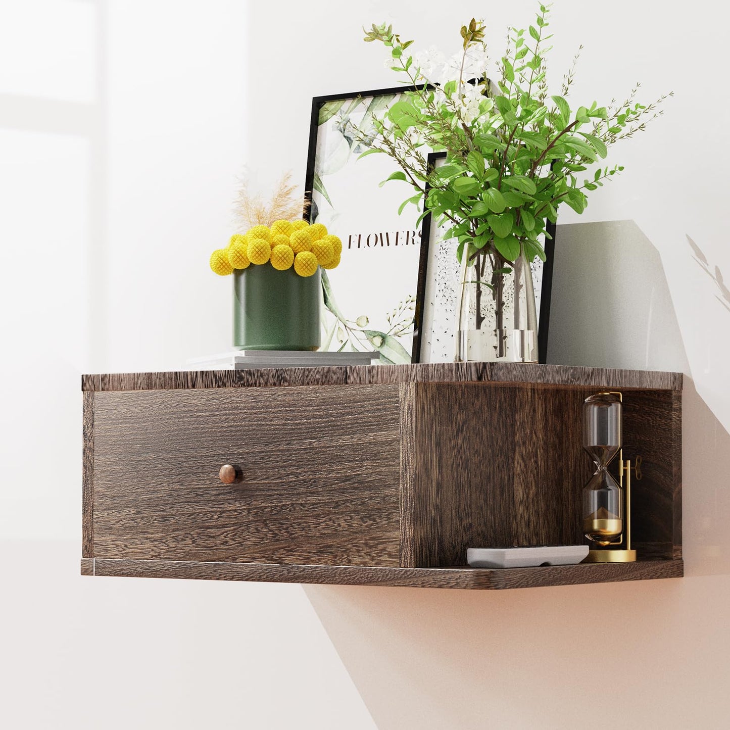 Floating Projector Stand Wall Mount - Modern Media Console Shelf Cabinet with Magnetic Door, 16.7" x 10.9" x 7.8", Open & Hidden Storage for Projector, Router, DVD Player, Cable Box