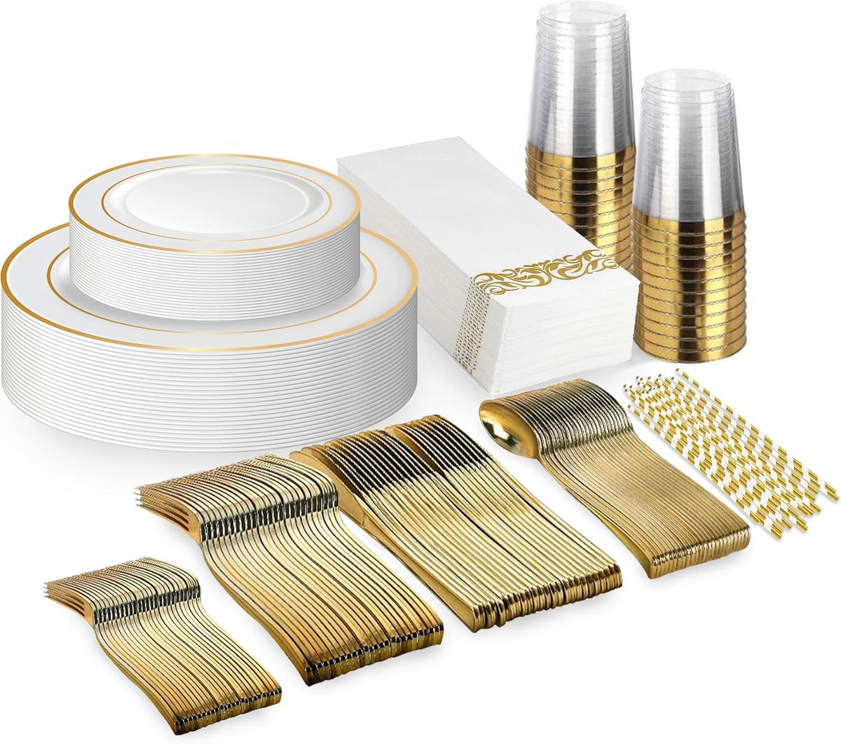 Neatiffy 225 Pcs Gold Rim Plastic Dinnerware Set (25 Guest) | 25 x (Dinner Plate, Dessert Plate, Gold Plastic Silverware, Cup, Napkin, Straw) | For Wedding, Luxurious Party, Special Event