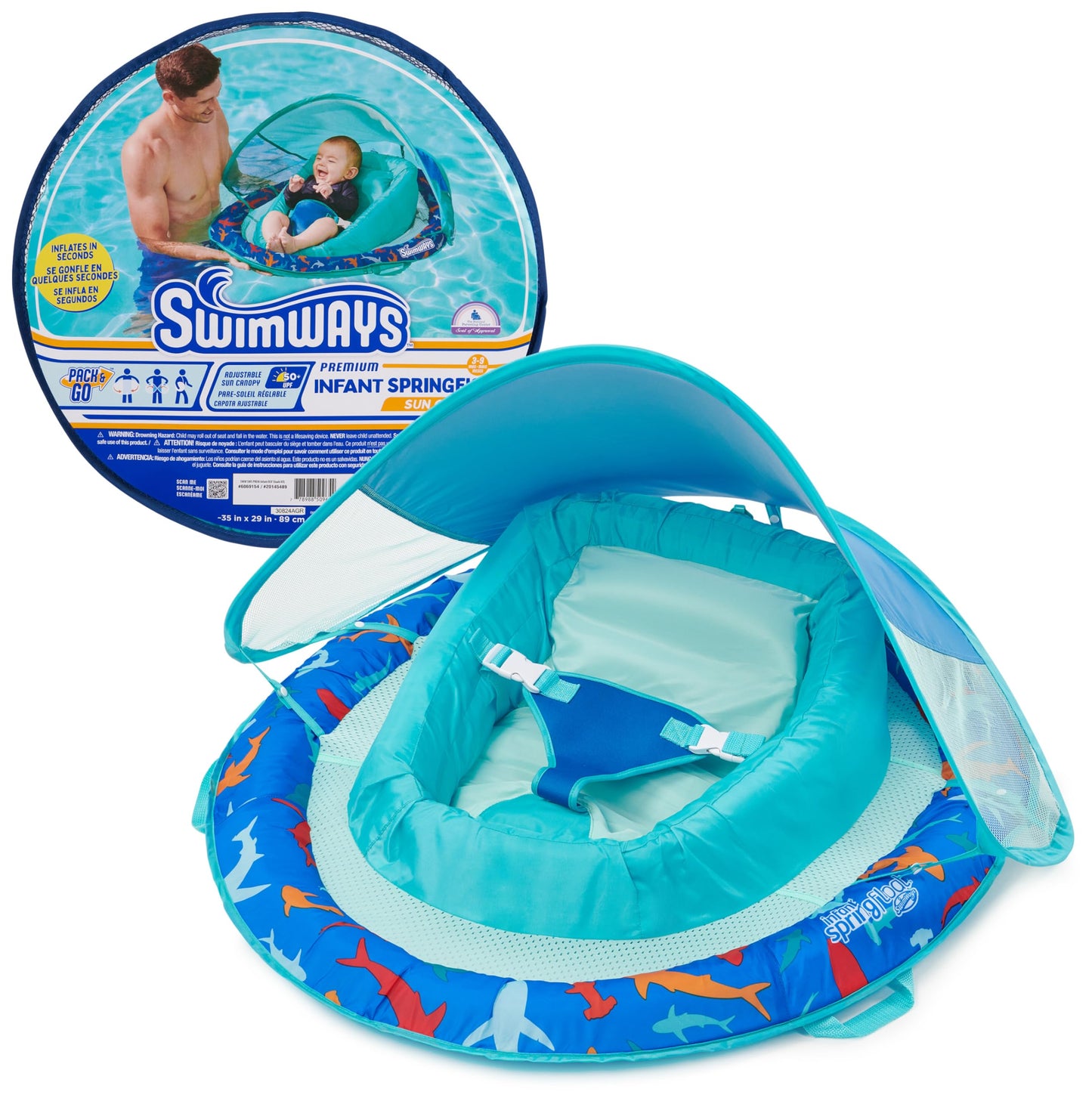 SwimWays Infant Spring Float, Baby Pool Float with Canopy, Swimming Pool Accessories for Kids 3-9 Months, Shark