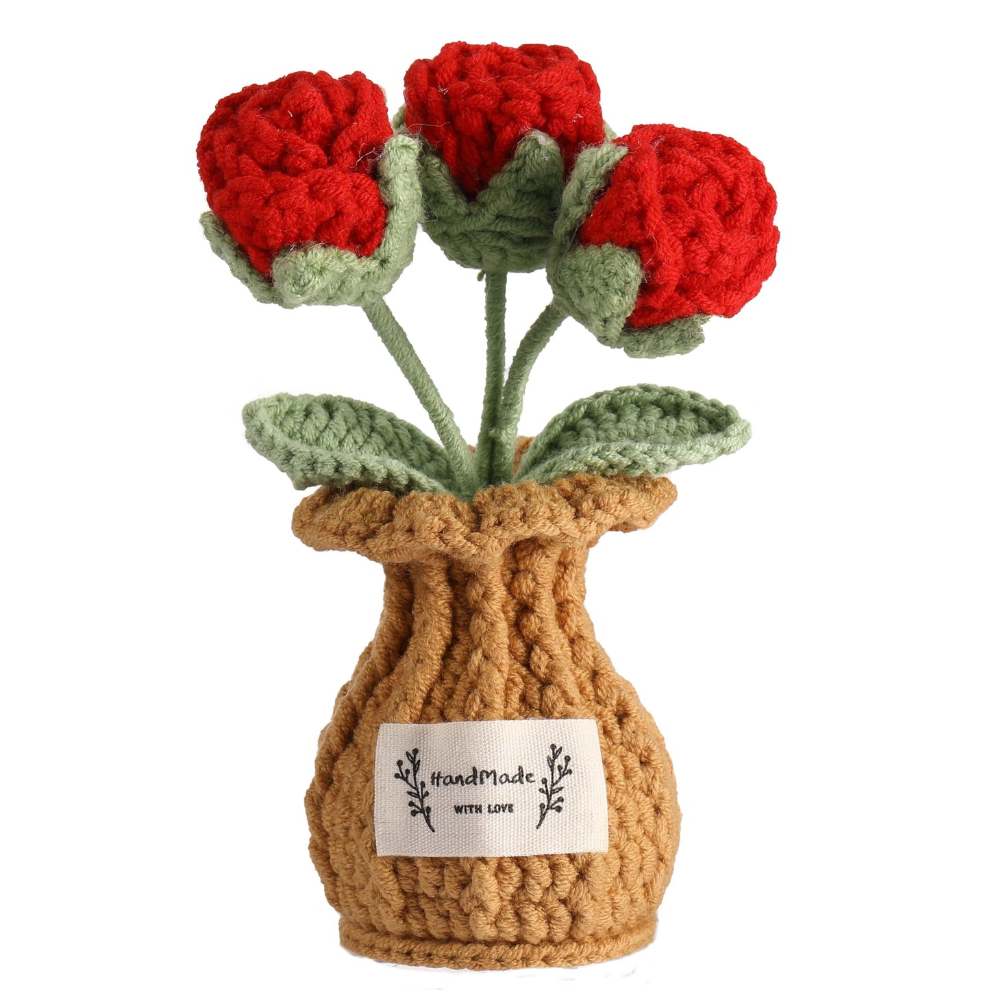 YOOJEE Crochet Rose Flower Potted Plant – Red, Valentines Day Gift for Her, Handmade Knitted Romantic Desk Decor