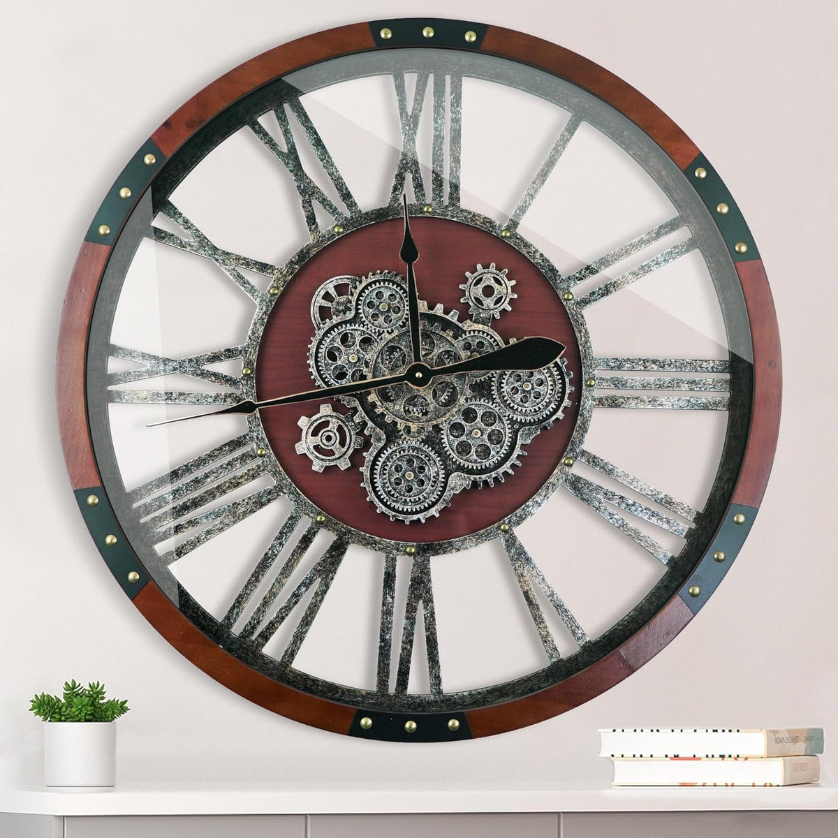 Large Wall Clock for Living Room Decor, 27 Inches Oversized Vintage Wood Decorative Steampunk Farmhouse Wall Clock for Rustic, Retro, Industrial,Kitchen,Office,Working Gears