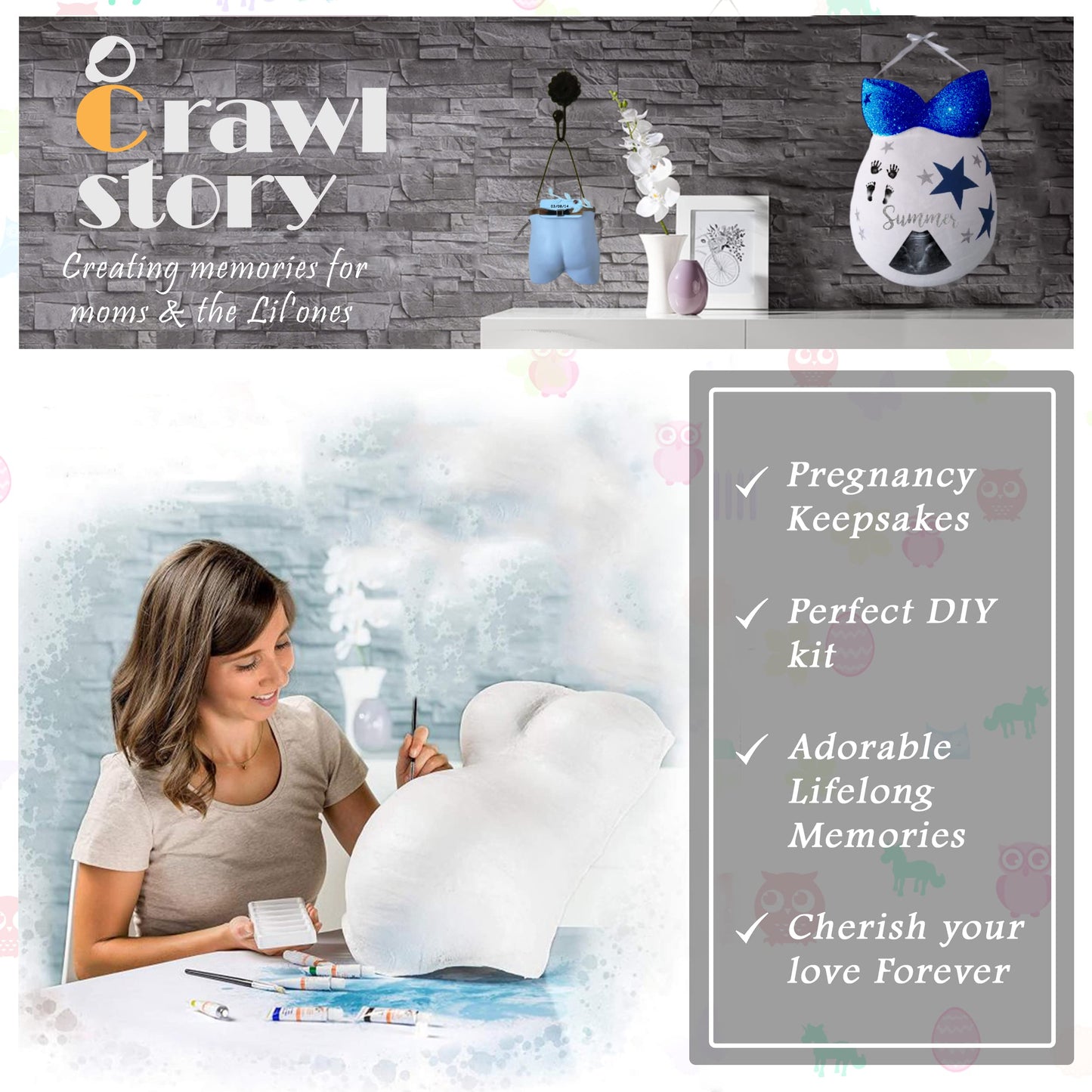 Crawl Story Belly Casting Kit for Pregnant Women | Complete DIY Keepsake with Plaster Cloth Roll, 12 Acrylic Paints, Sparkles, Crystals & Hanging Hardware | Baby Shower Gift, Deluxe Paint Casting Kit
