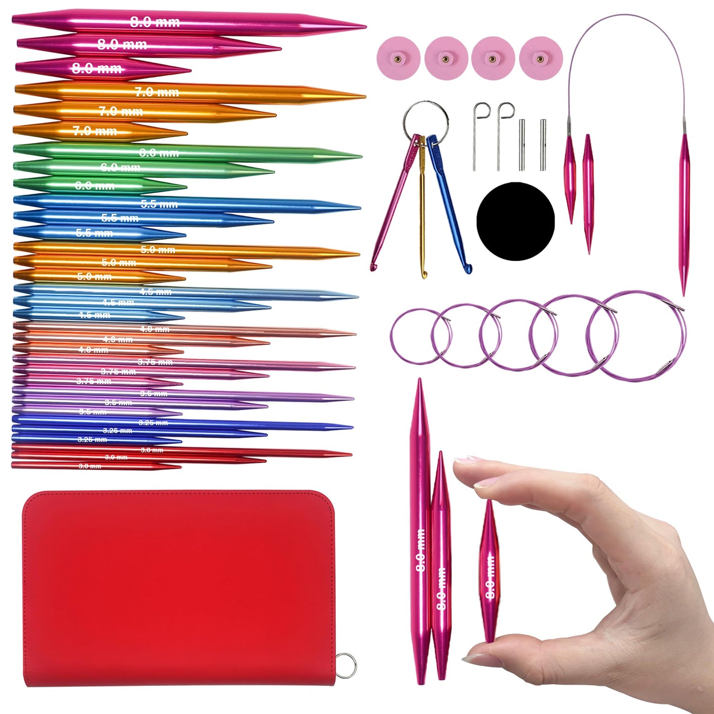 Lewhoo Circular Knitting Needles Set with Case,11 Pairs Interchangeable Aluminum Circle Needles with 5 Cables 3.0~8.0mm Multicolored