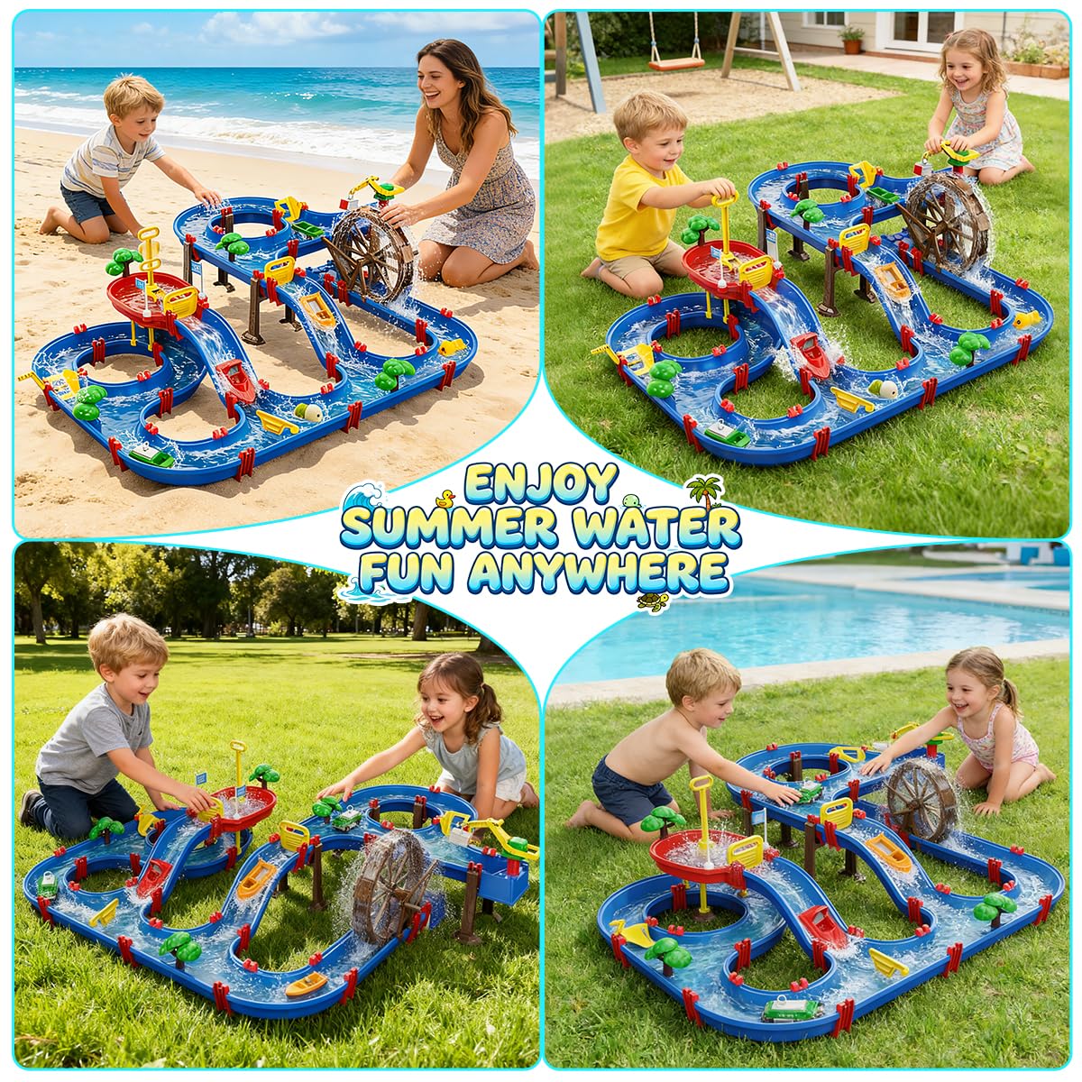 VATOS 2-Tier Watermill Summer Water Table, 124 PCS DIY Water Table with Water Pump Toys for Toddlers 3-5 4-7 Years Old, Fun Water Playset Outdoor Water Summer Toys for Backyard, Beach, Balcony, Garden