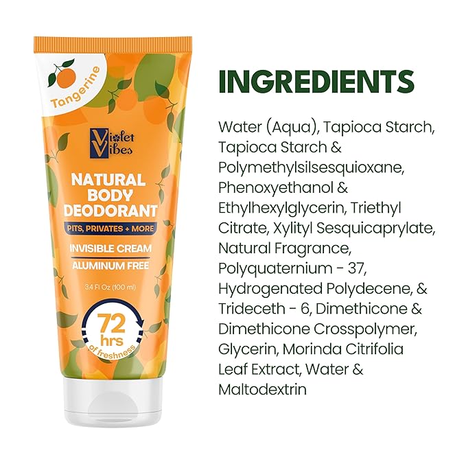Violet Vibes Deodorant Cream for Women | Hypoallergenic & Gentle On Skin | Noni Leaf Extract, Aluminum-Free, Sensitive Skin, Fresh Odor Control for Whole Body 100mL (3.4 fl oz.) (Tangerine)