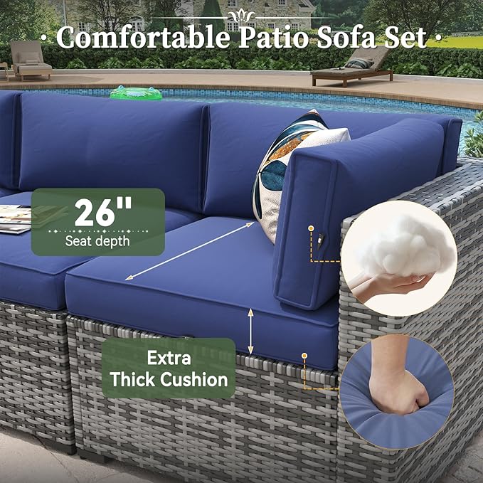 Aoxun 11 Piece Patio Furniture Set Wicker Rattan Patio Conversation Set Outdoor Sectional Sofa Set with Coffee Table and Thickened Cushions, Gray/Blue(Waterproof Cover Included)