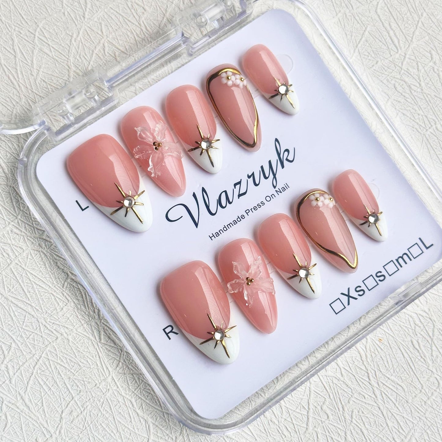 Brown French Tip Press On Nails Medium Almond ，3D Metallic Rhinestones style Design Handmade Press On Nails ，Reusable Glam Art Acrylic False Nails (10 PCS) M SIZE
