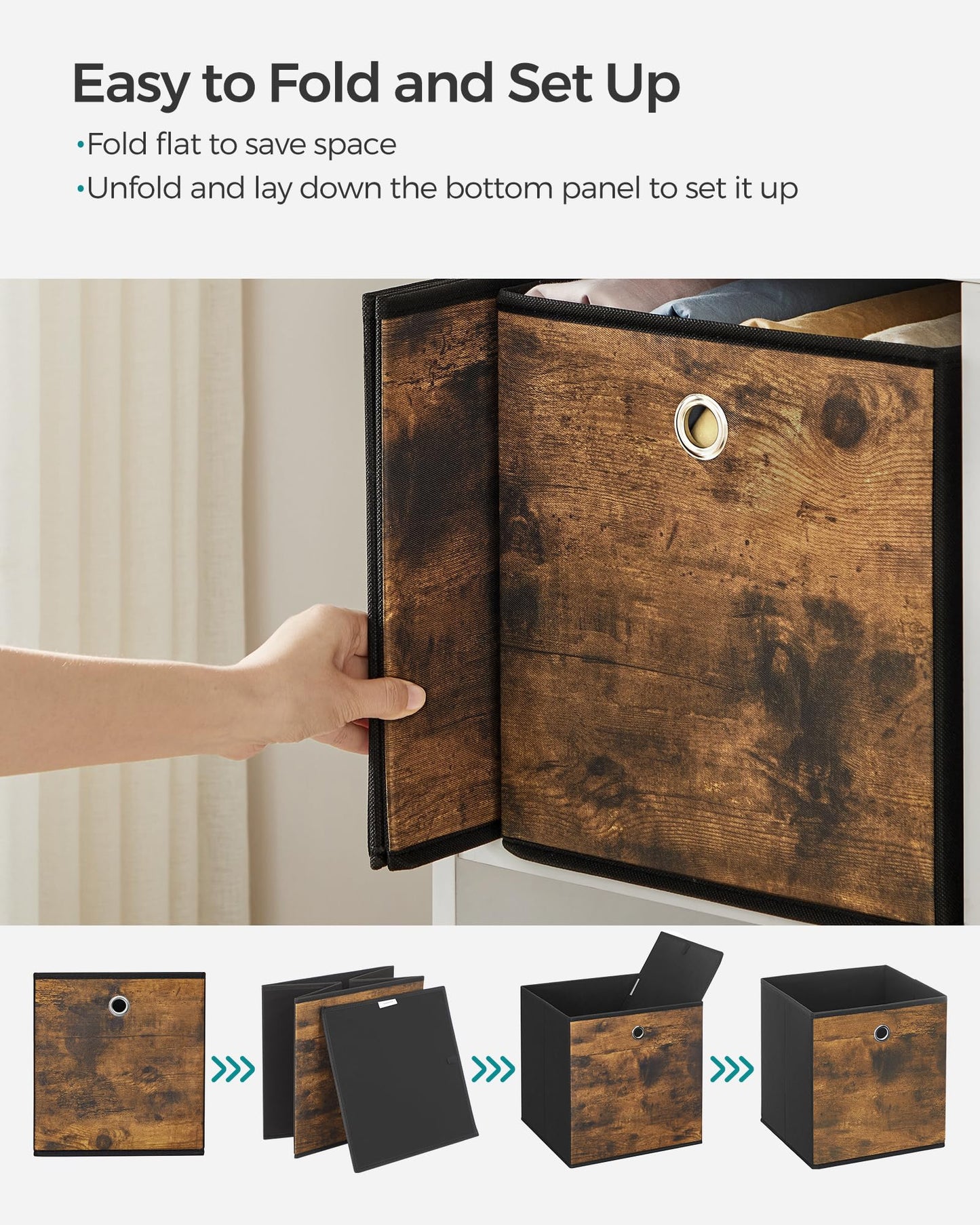 SONGMICS Storage Cubes, Set of 6 Storage Bins with Handles, Foldable Oxford Fabric and Non-Woven Fabric Storage Boxes, 10.2x10.2x11 Inches, Fit Cube Storage Unit, Rustic Brown URFB126B01