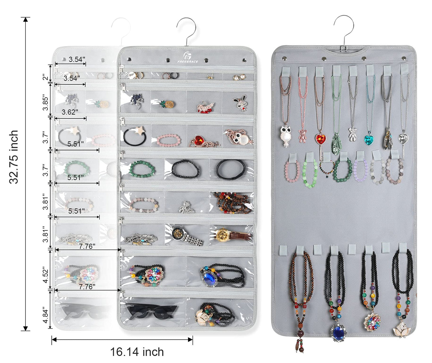 Freegrace Hanging Jewelry Organizer with Secure Zipper Closure - 360° Revolving Hanger, 25 Clear Pockets, 23 Necklace Hooks - Foldable Travel Storage & Closet Display (Gray)