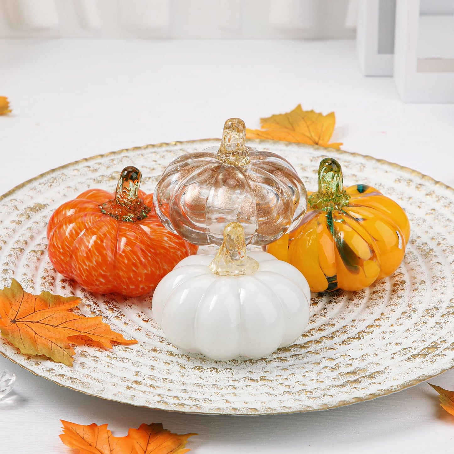 Glass Pumpkin Fall Decor Set – 4 PCS Handblown Pumpkins for Autumn Decorations, Halloween, Thanksgiving, Harvest Table Centerpiece, Mantel Fall Accents