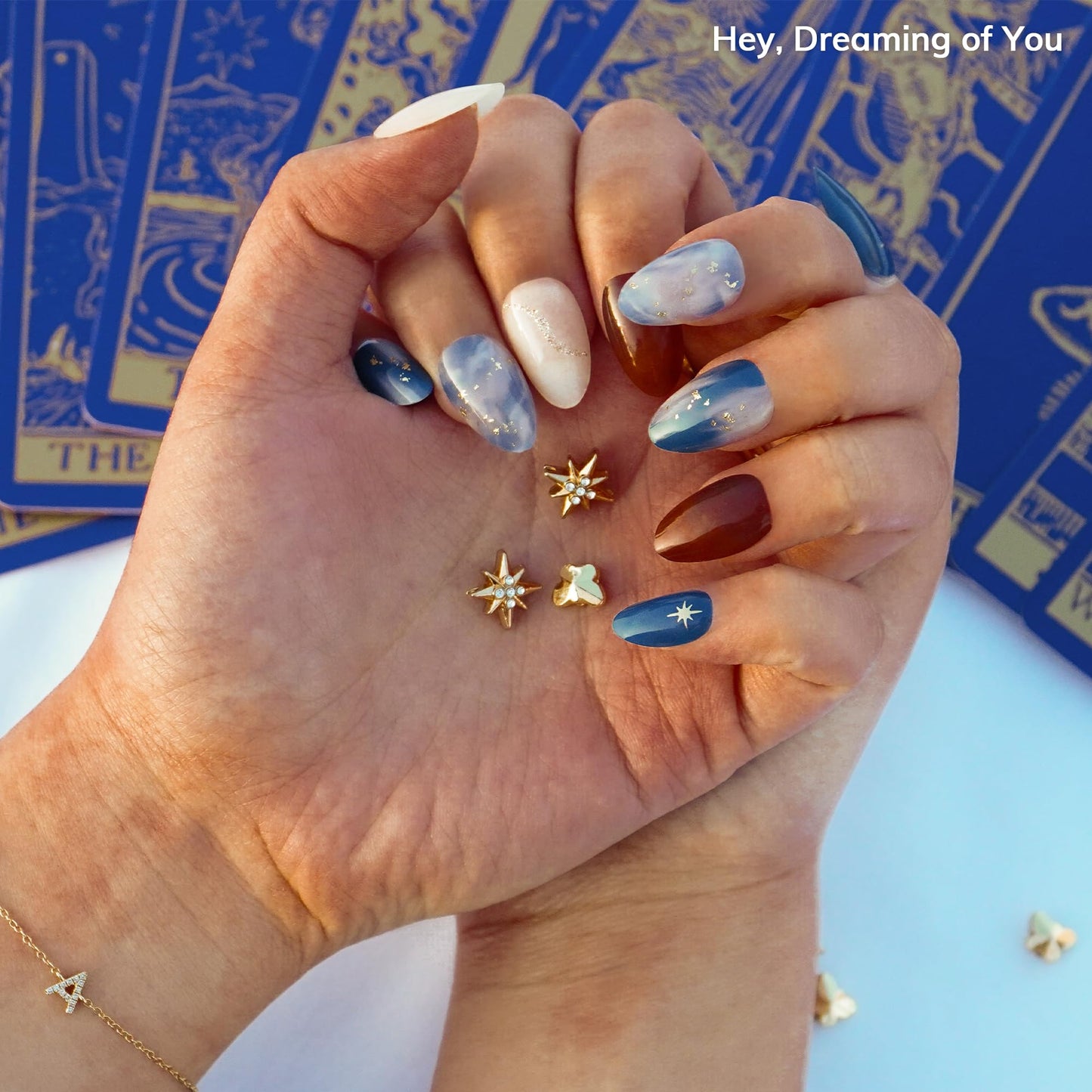 Heyhae Semi Cured Gel Nail Strips | No LED Lamp Needed | Marble, Blue, Spring | Easy Apply & Remove, Salon Quality | Includes 28 Strips, 1 Prep Pads, Nail File & Wooden Stick - Hey, Dreaming of You
