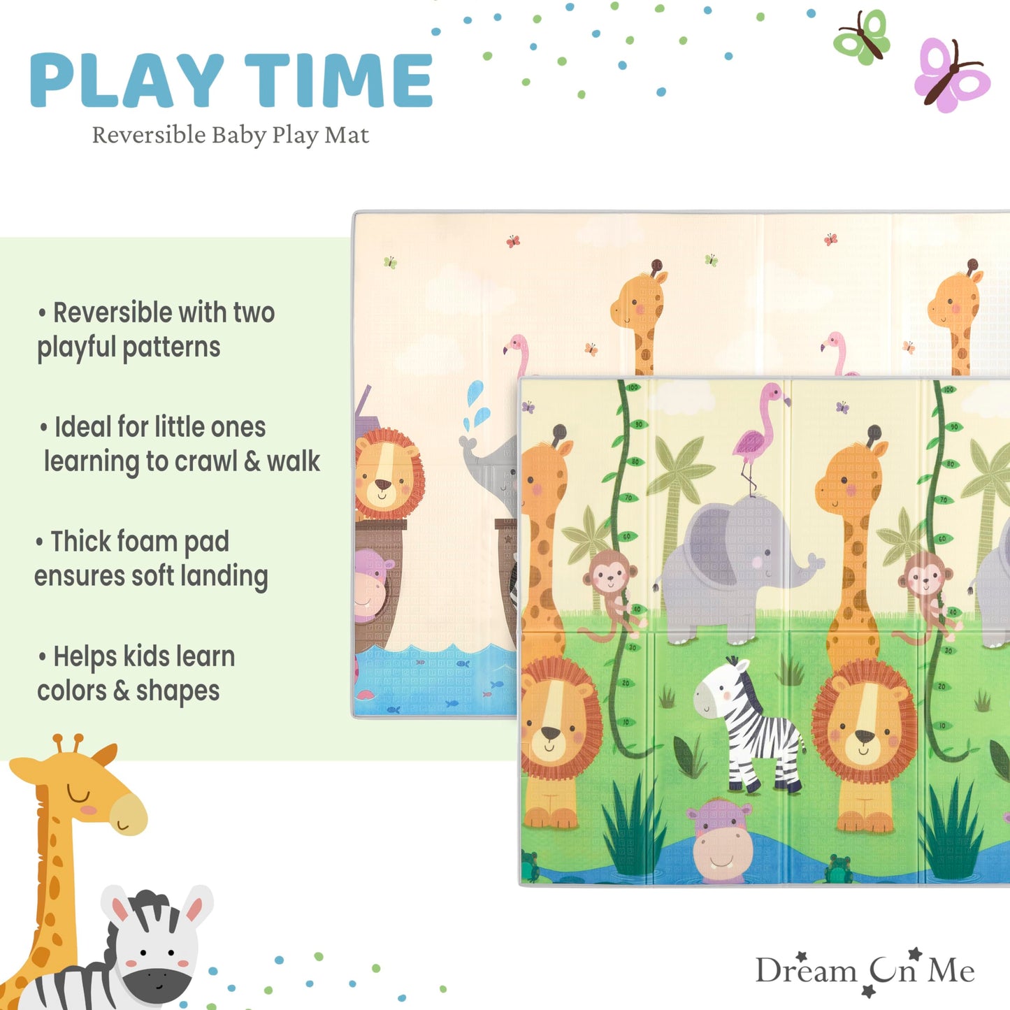 Dream On Me Play Time Reversible Baby Play Mat Foldable Extra Large Thick Foam Crawling Playmats for Toddlers Waterproof Portable Playmat, Happy Feet